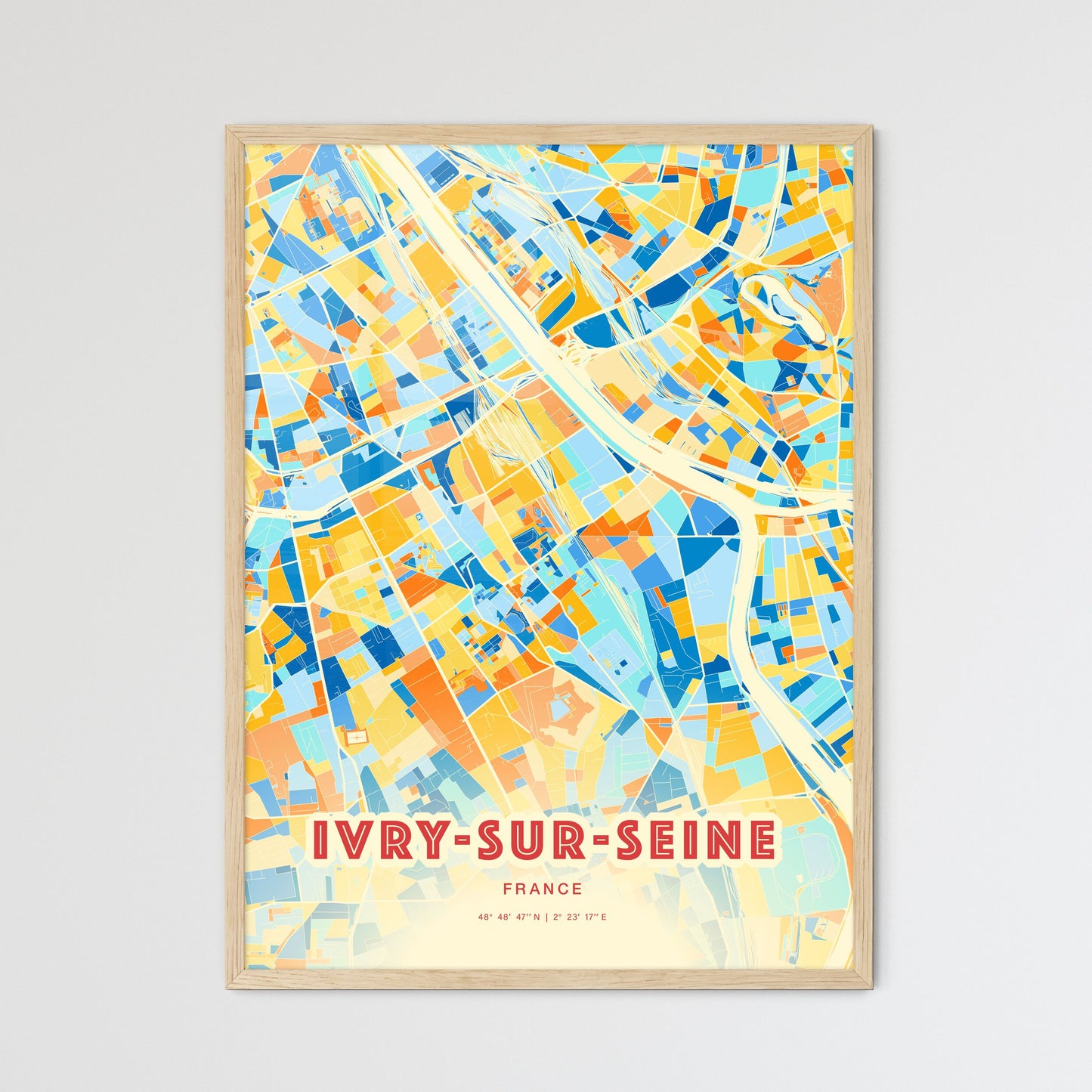 Colorful IVRY-SUR-SEINE FRANCE Fine Art Map Blue Orange