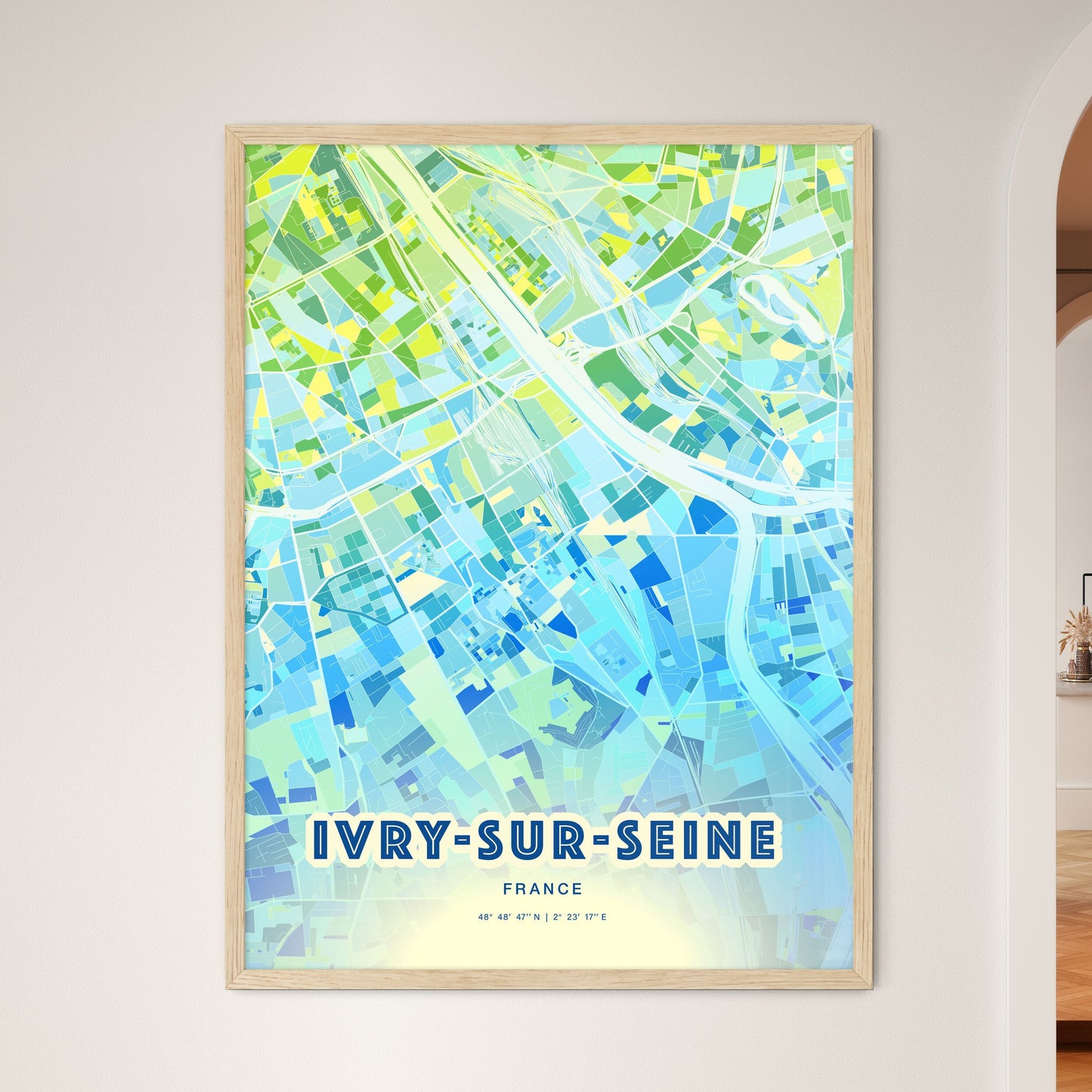 Colorful IVRY-SUR-SEINE FRANCE Fine Art Map Cool Blue