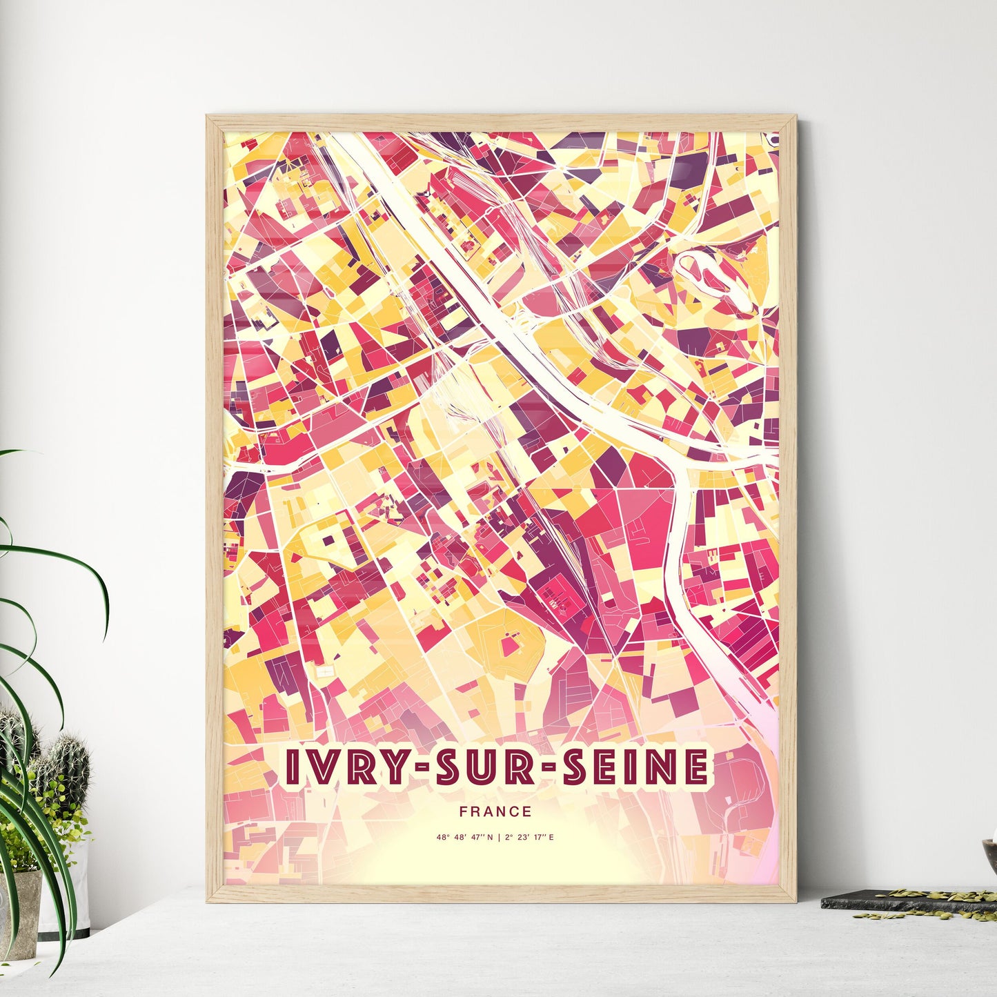 Colorful IVRY-SUR-SEINE FRANCE Fine Art Map Hot Red