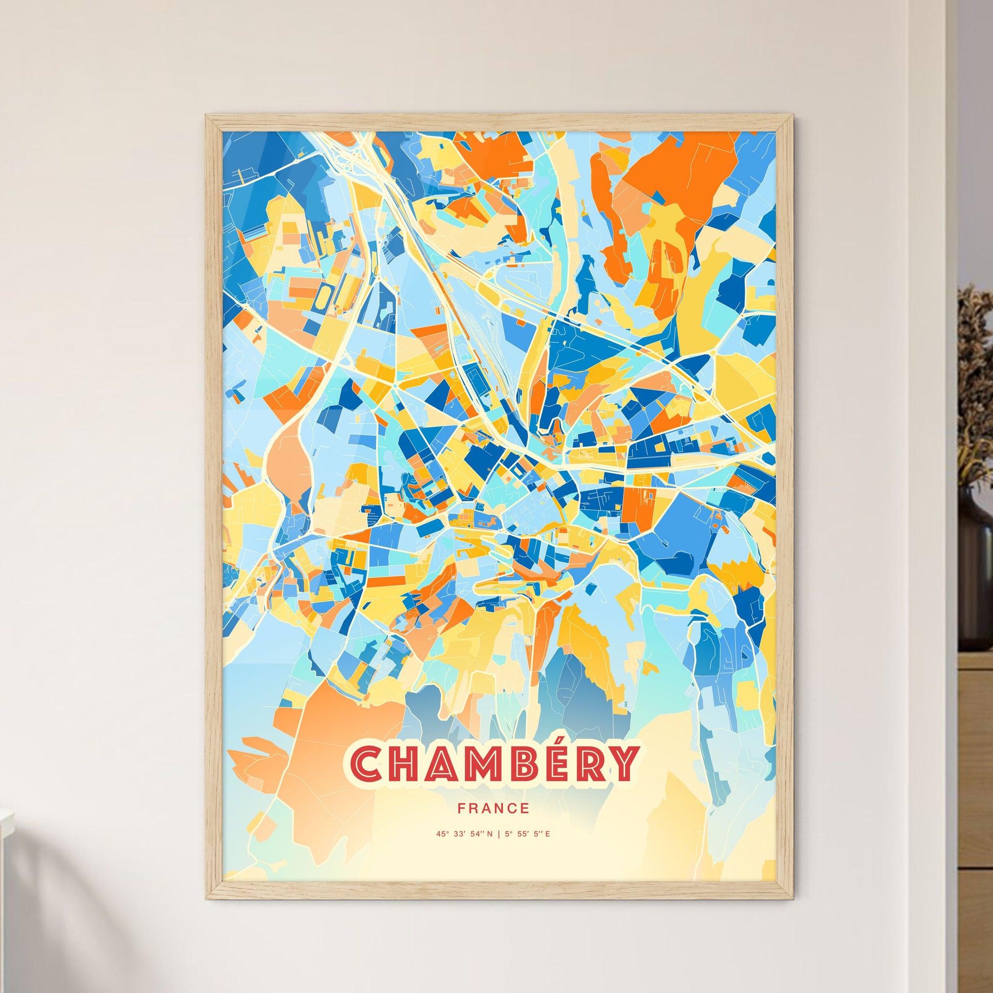 Colorful Chambéry France Fine Art Map Blue Orange