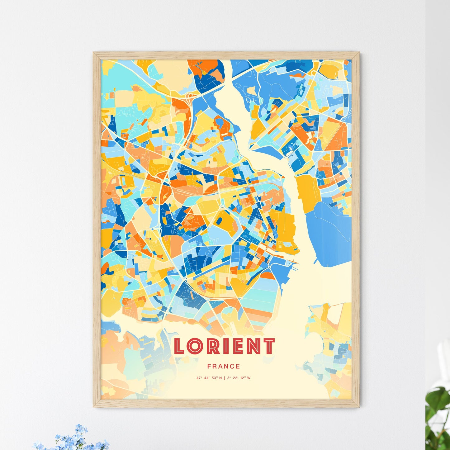 Colorful LORIENT FRANCE Fine Art Map Blue Orange