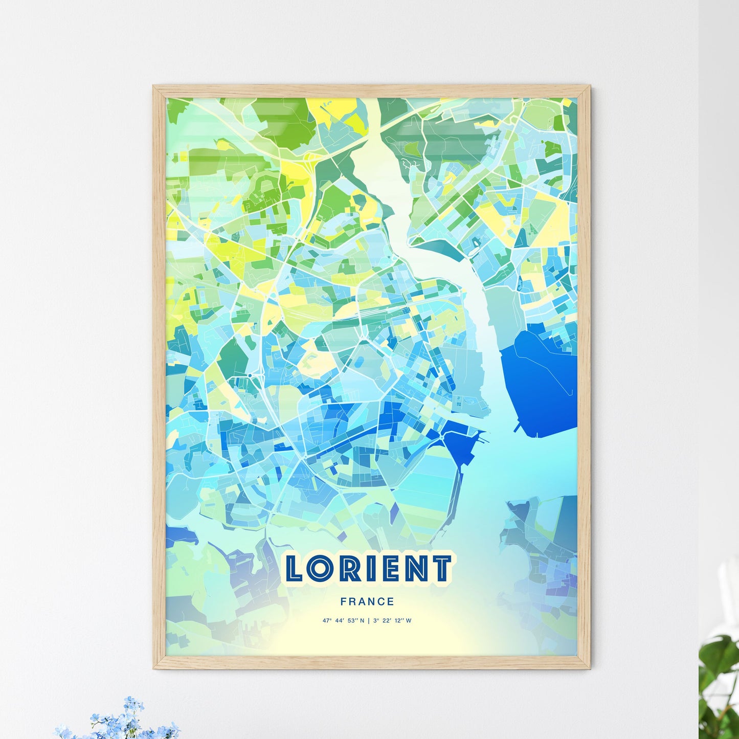 Colorful LORIENT FRANCE Fine Art Map Cool Blue