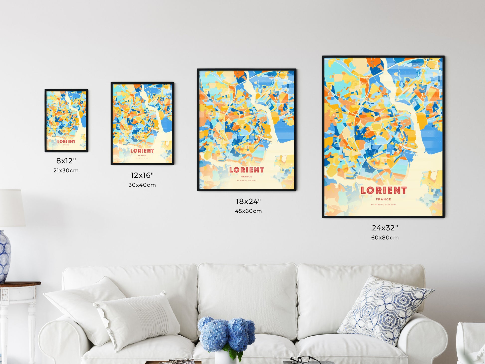 Colorful LORIENT FRANCE Fine Art Map Blue Orange