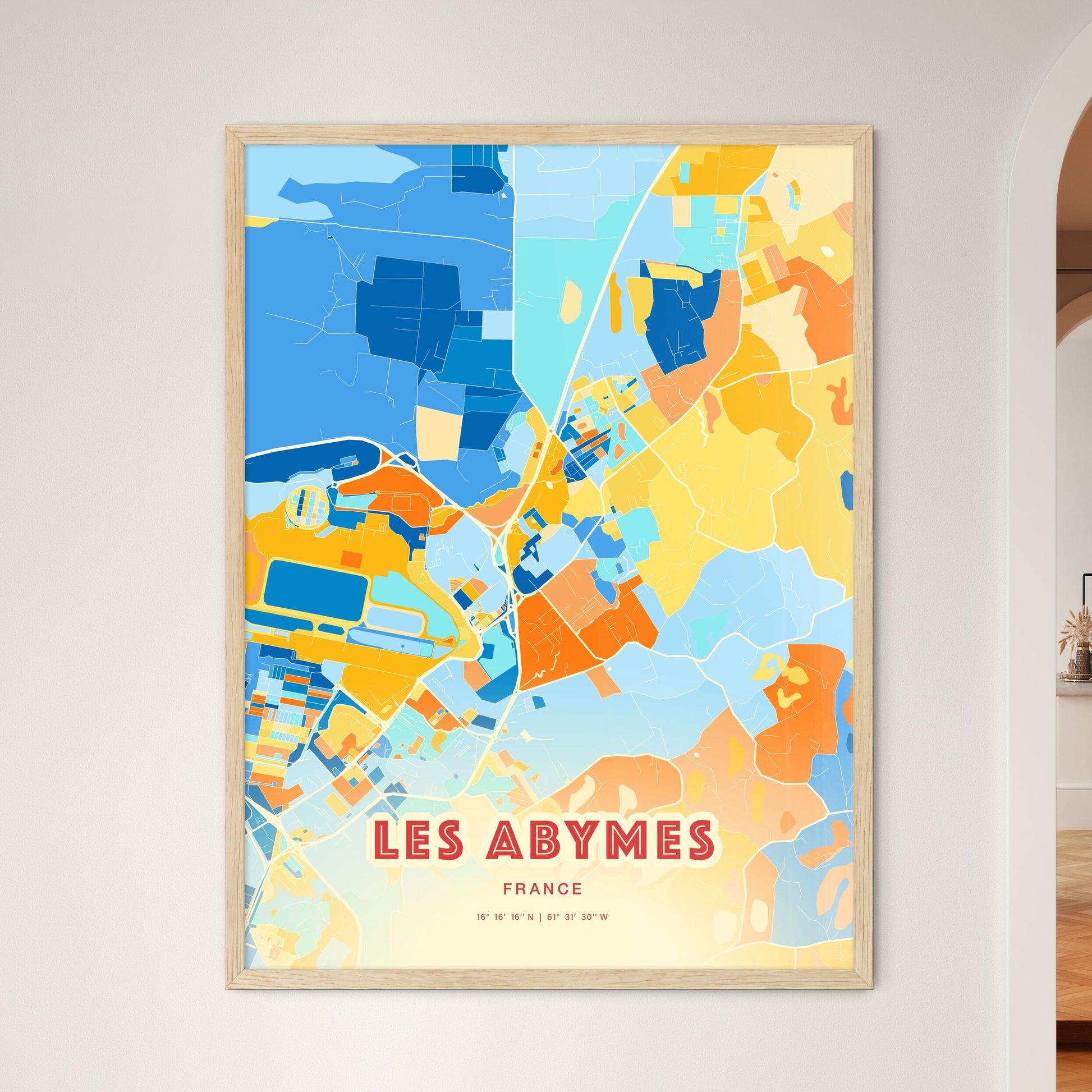 Colorful LES ABYMES FRANCE Fine Art Map Blue Orange