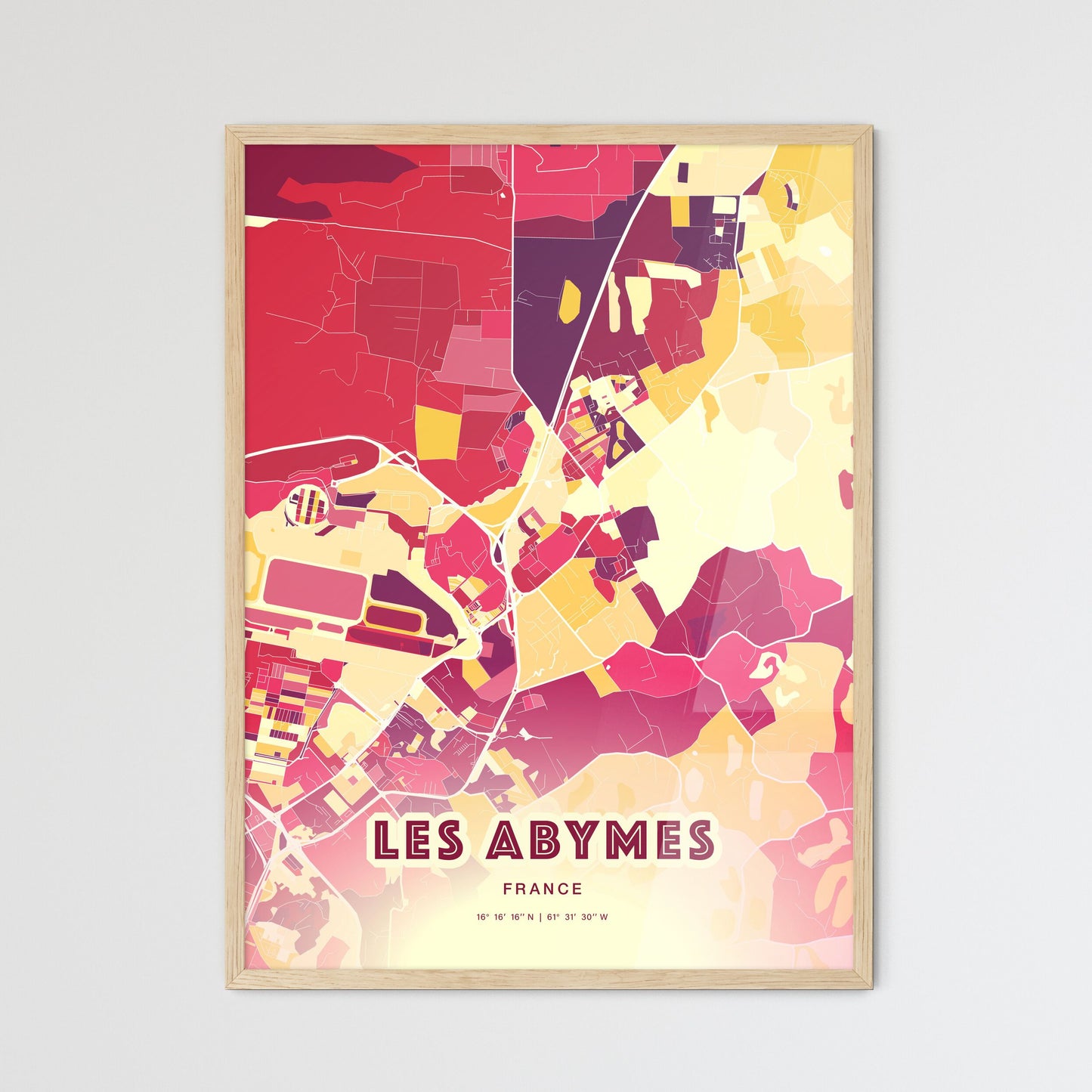 Colorful LES ABYMES FRANCE Fine Art Map Hot Red