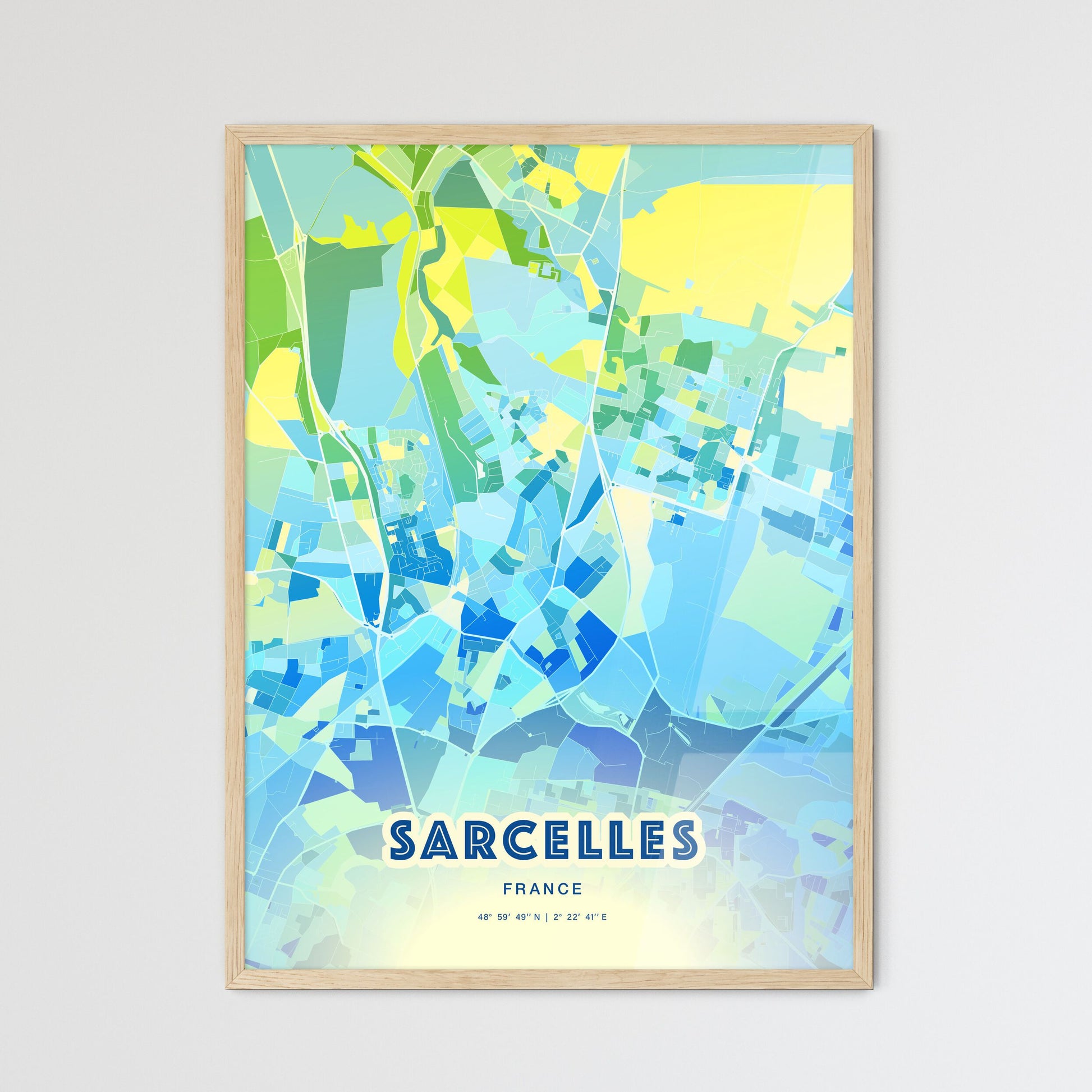 Colorful SARCELLES FRANCE Fine Art Map Cool Blue