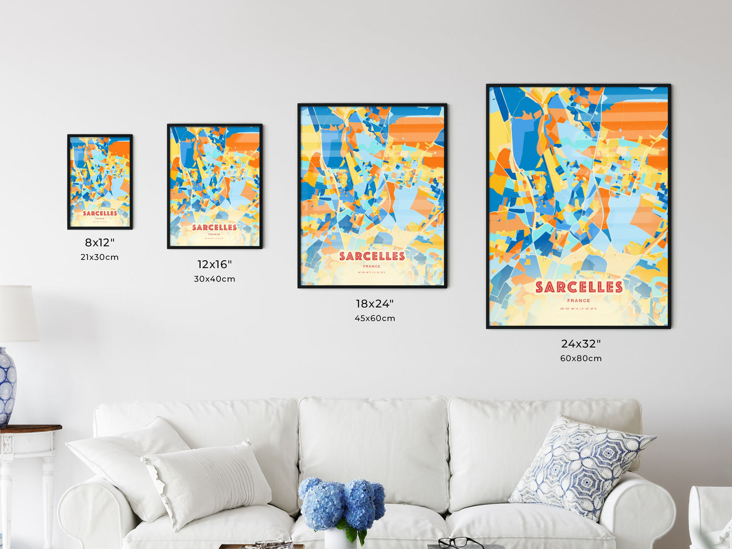 Colorful SARCELLES FRANCE Fine Art Map Blue Orange