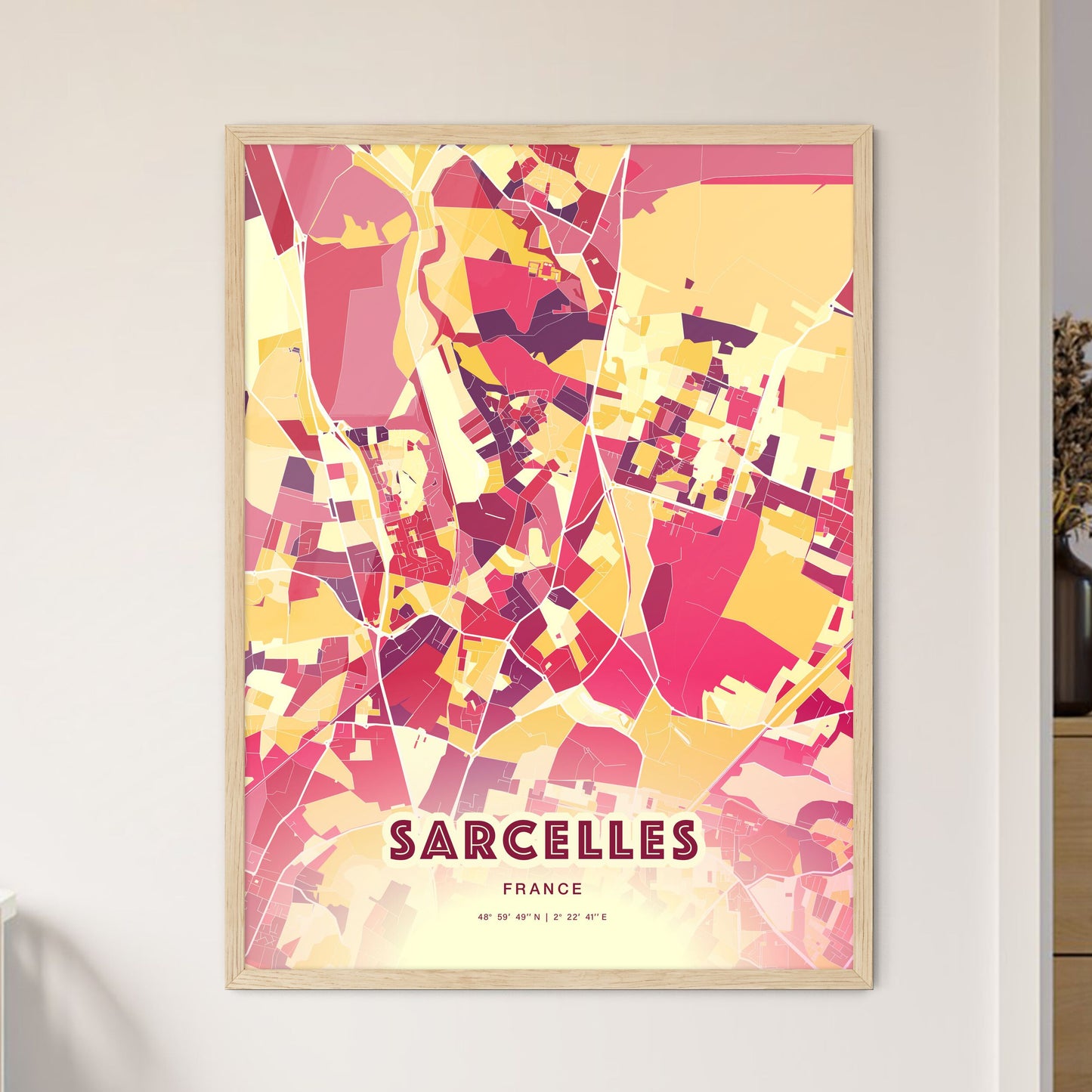 Colorful SARCELLES FRANCE Fine Art Map Hot Red