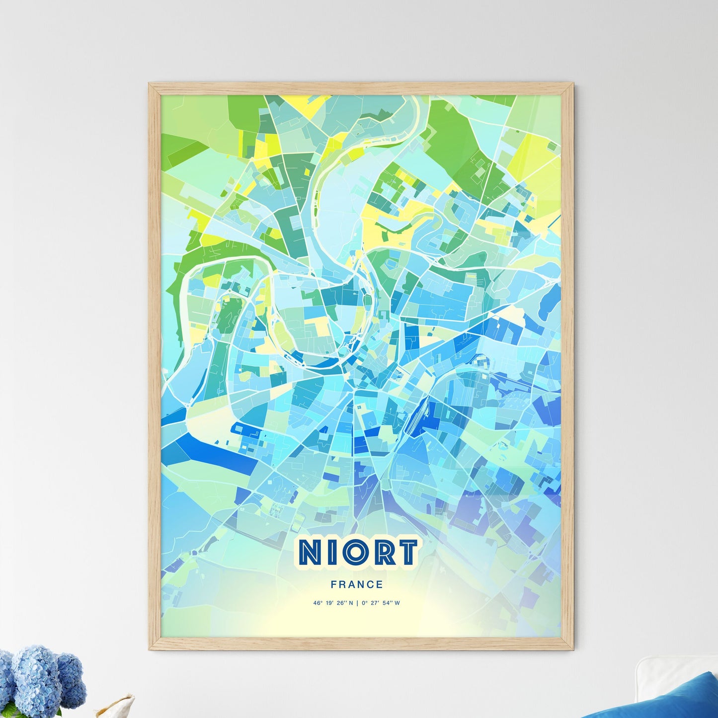 Colorful NIORT FRANCE Fine Art Map Cool Blue