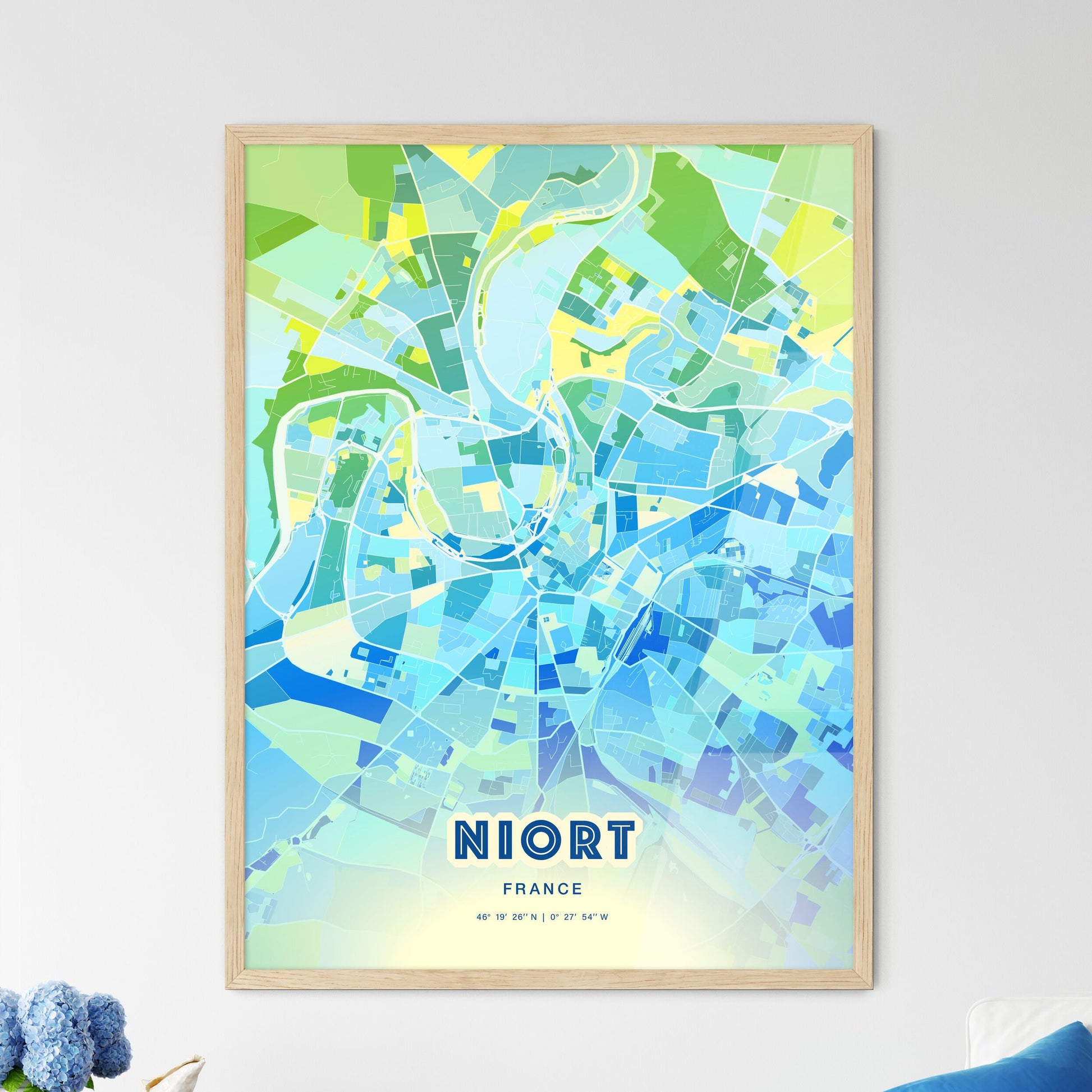 Colorful NIORT FRANCE Fine Art Map Cool Blue