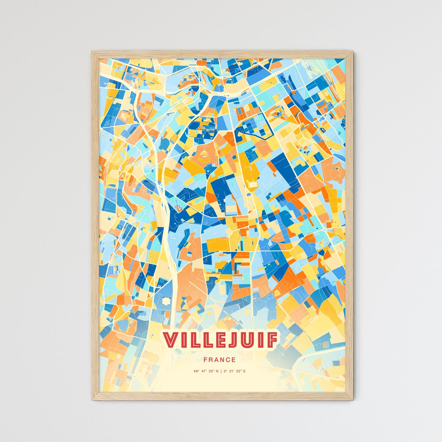 Colorful VILLEJUIF FRANCE Fine Art Map Blue Orange