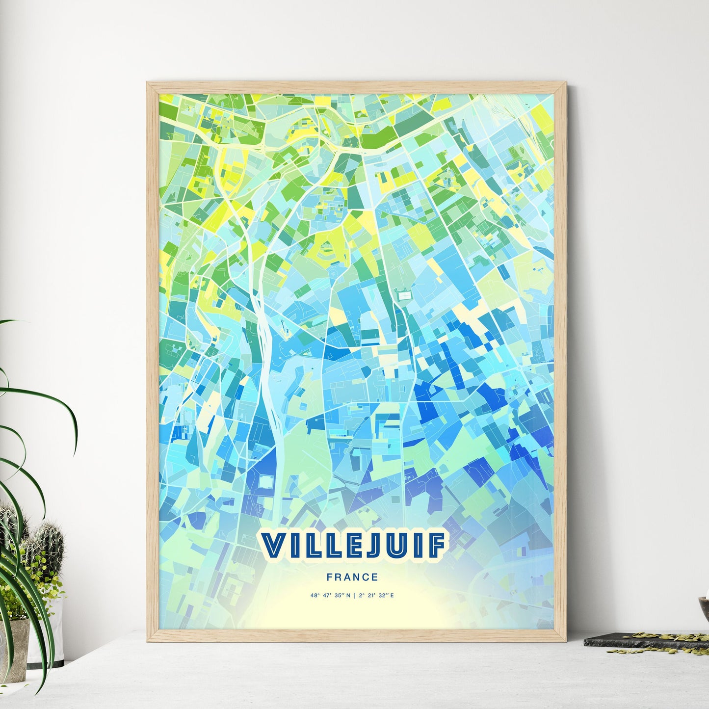 Colorful VILLEJUIF FRANCE Fine Art Map Cool Blue