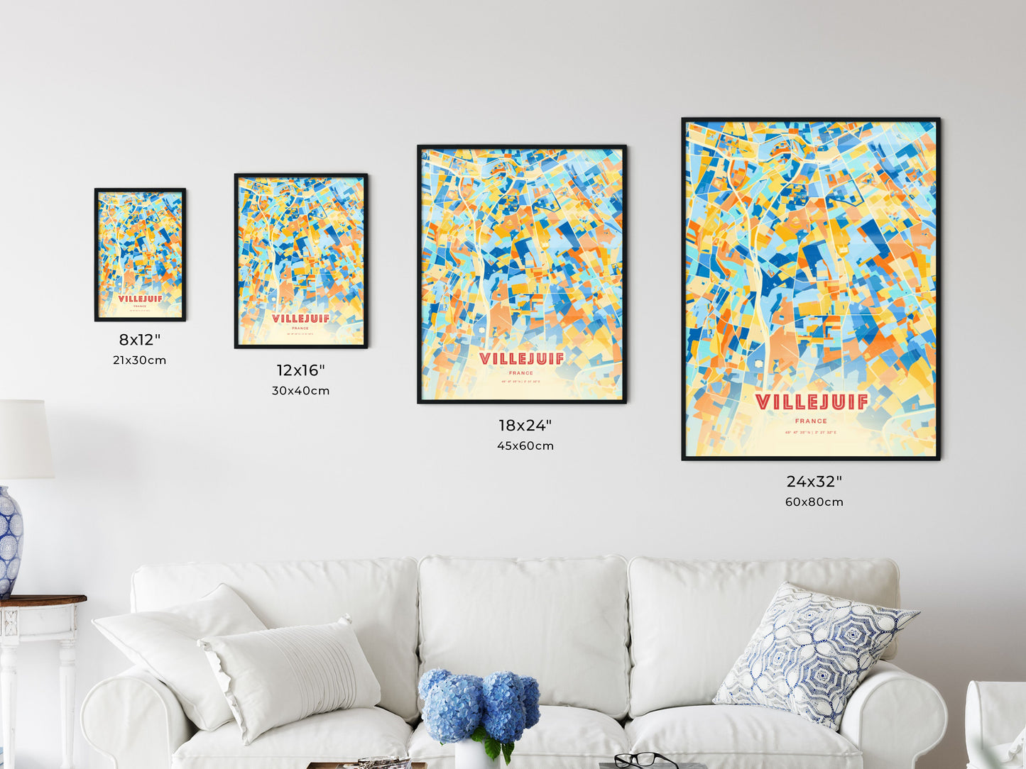 Colorful VILLEJUIF FRANCE Fine Art Map Blue Orange