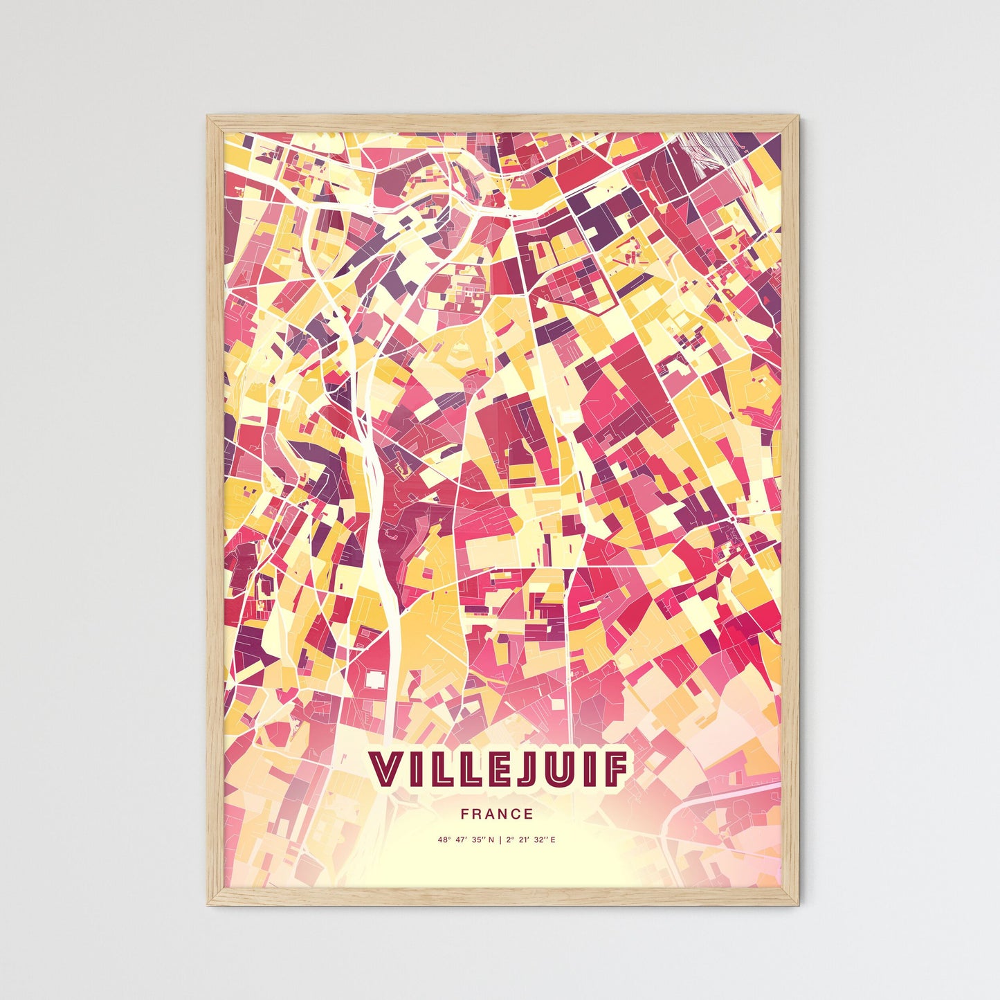 Colorful VILLEJUIF FRANCE Fine Art Map Hot Red