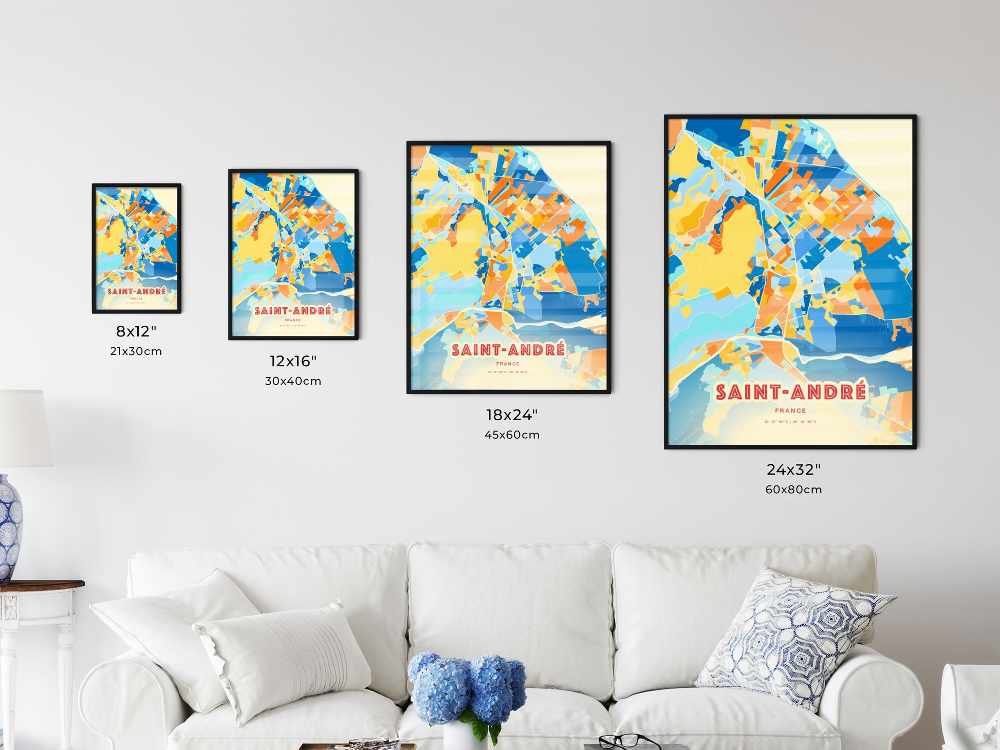 Colorful SAINT-ANDRÉ FRANCE Fine Art Map Blue Orange