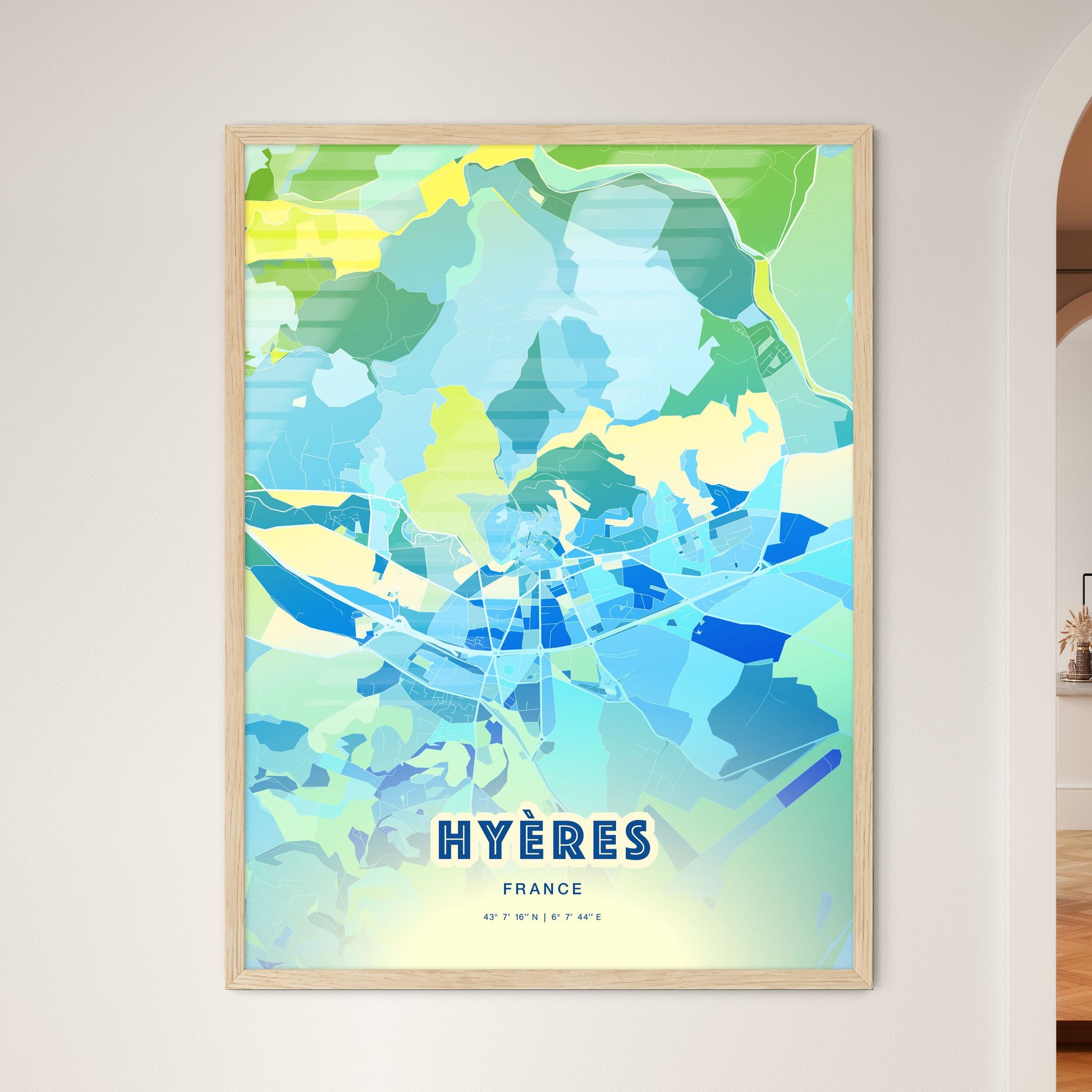 Colorful HYÈRES FRANCE Fine Art Map Cool Blue