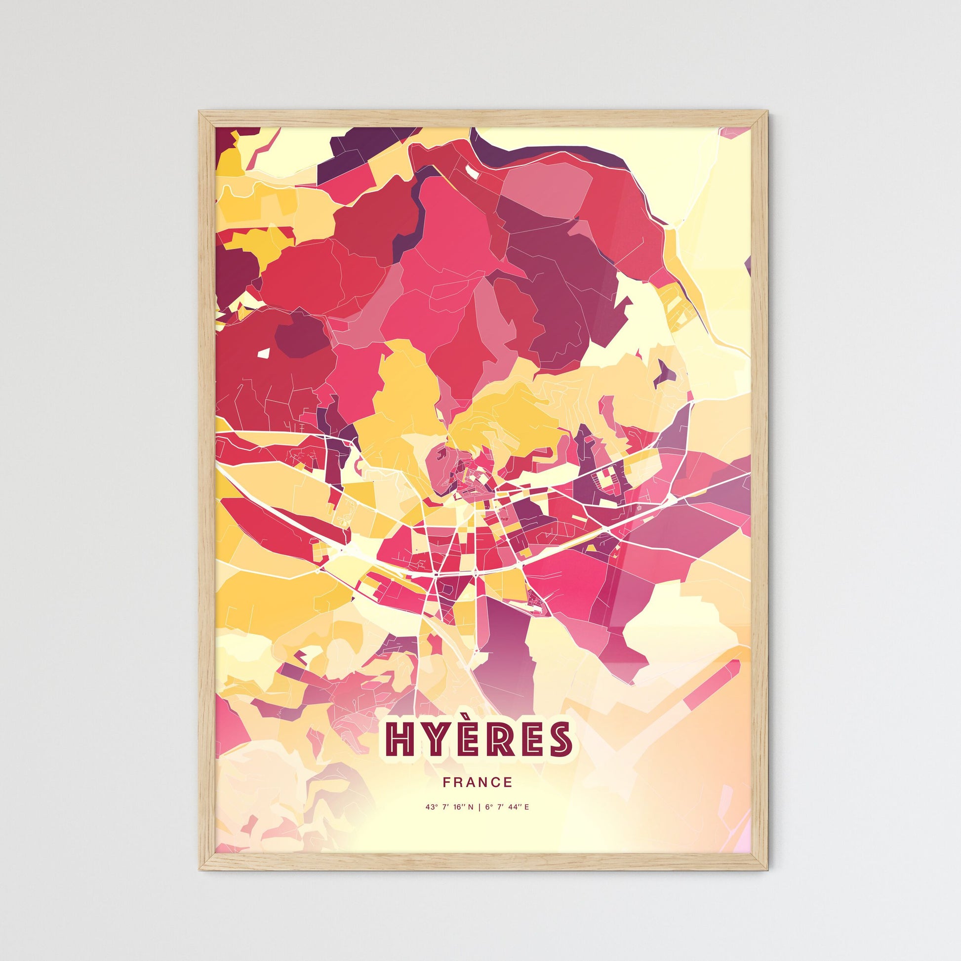 Colorful HYÈRES FRANCE Fine Art Map Hot Red