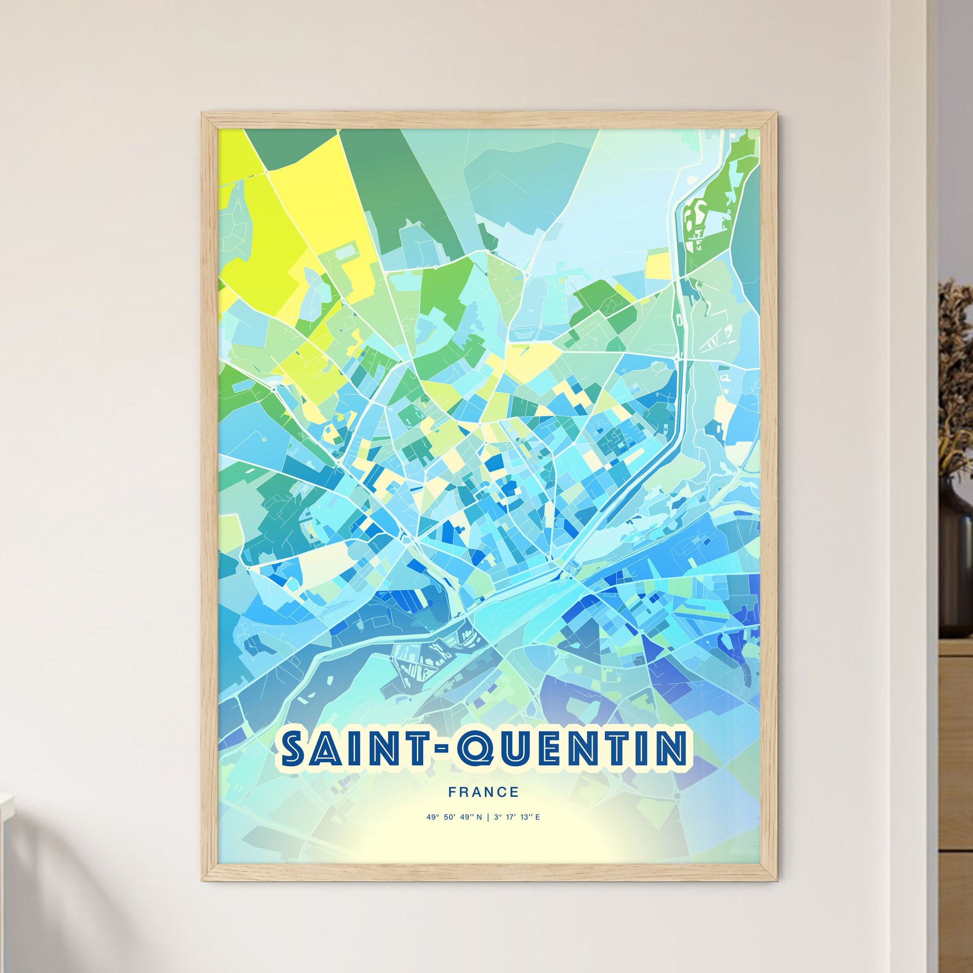 Colorful SAINT-QUENTIN FRANCE Fine Art Map Cool Blue
