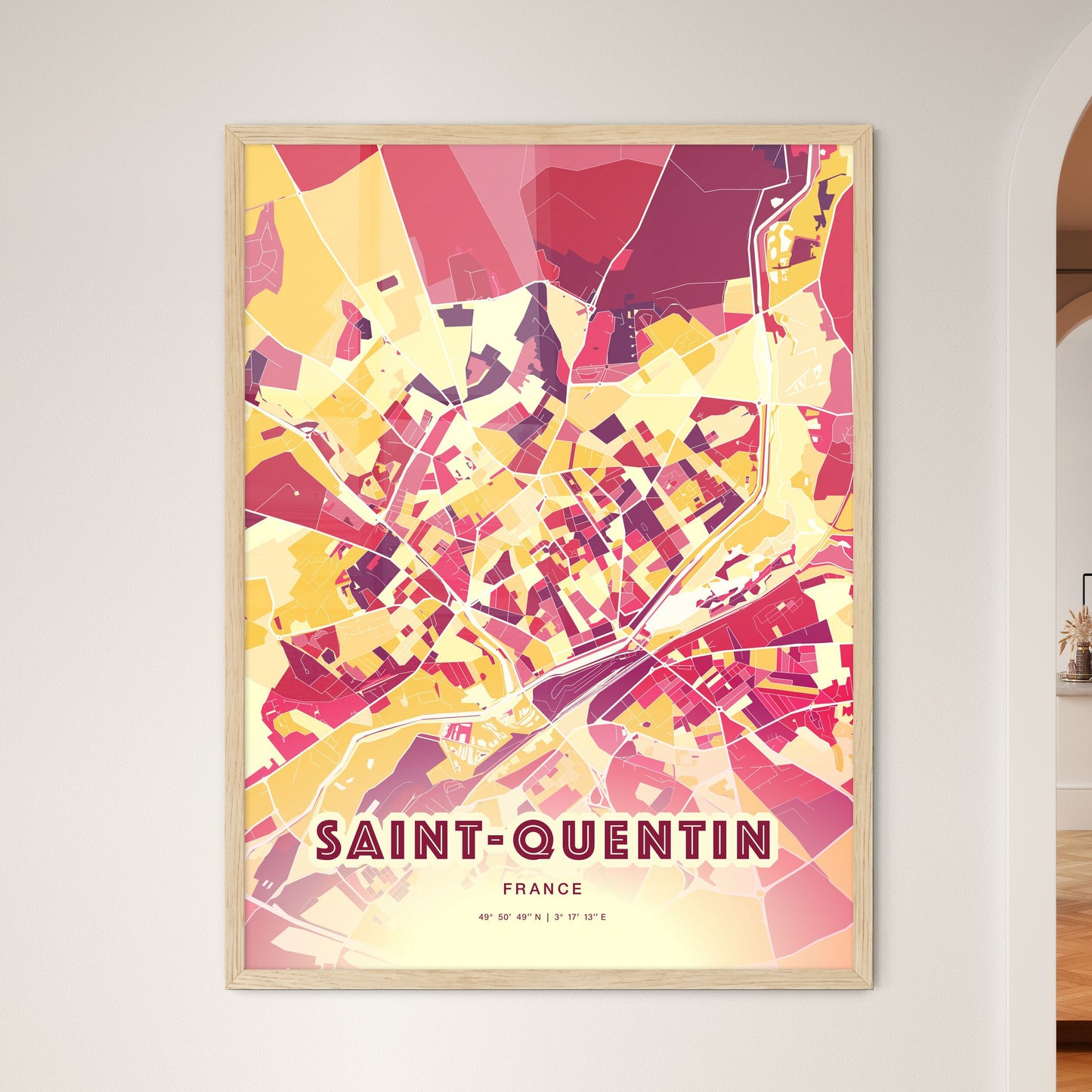 Colorful SAINT-QUENTIN FRANCE Fine Art Map Hot Red