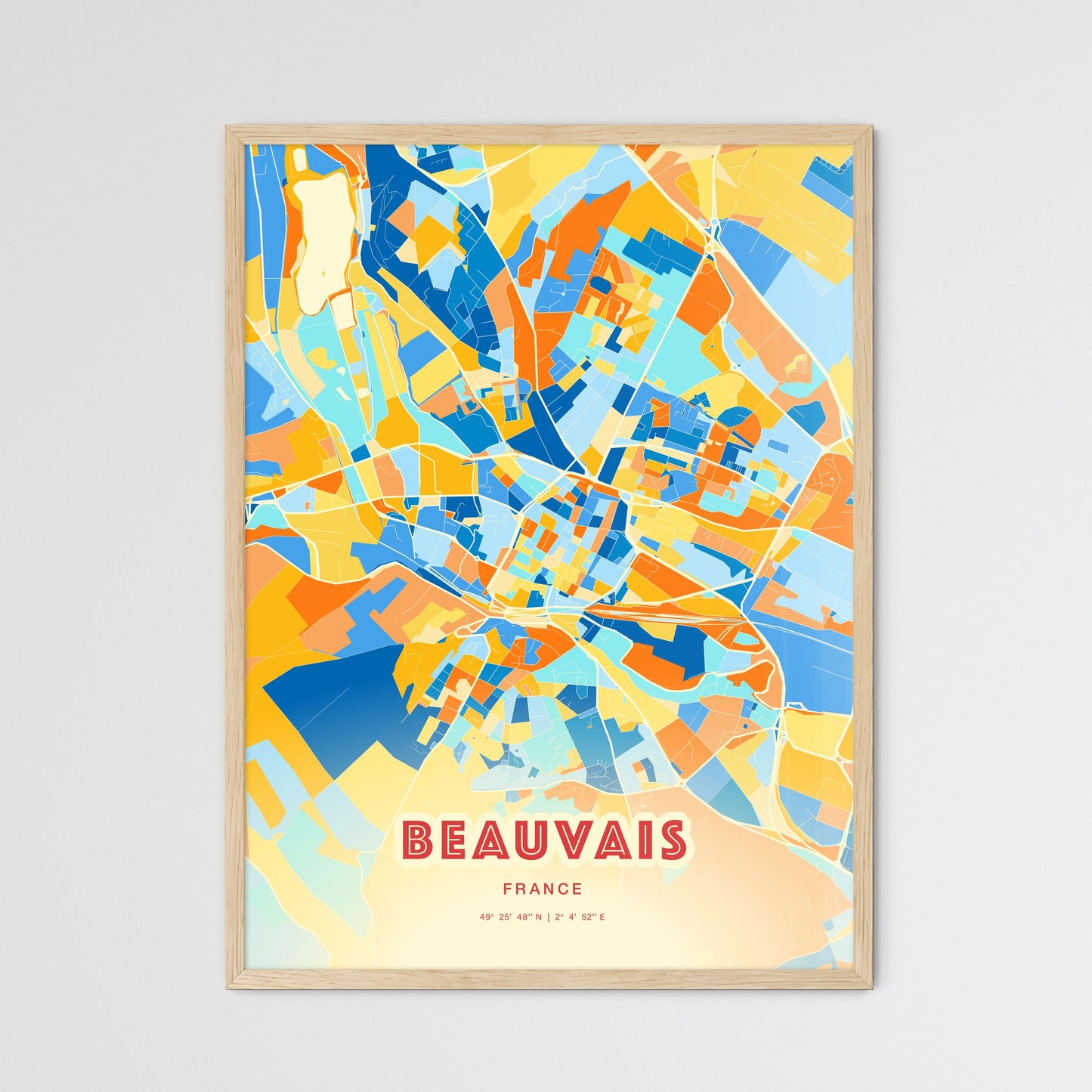 Colorful BEAUVAIS FRANCE Fine Art Map Blue Orange