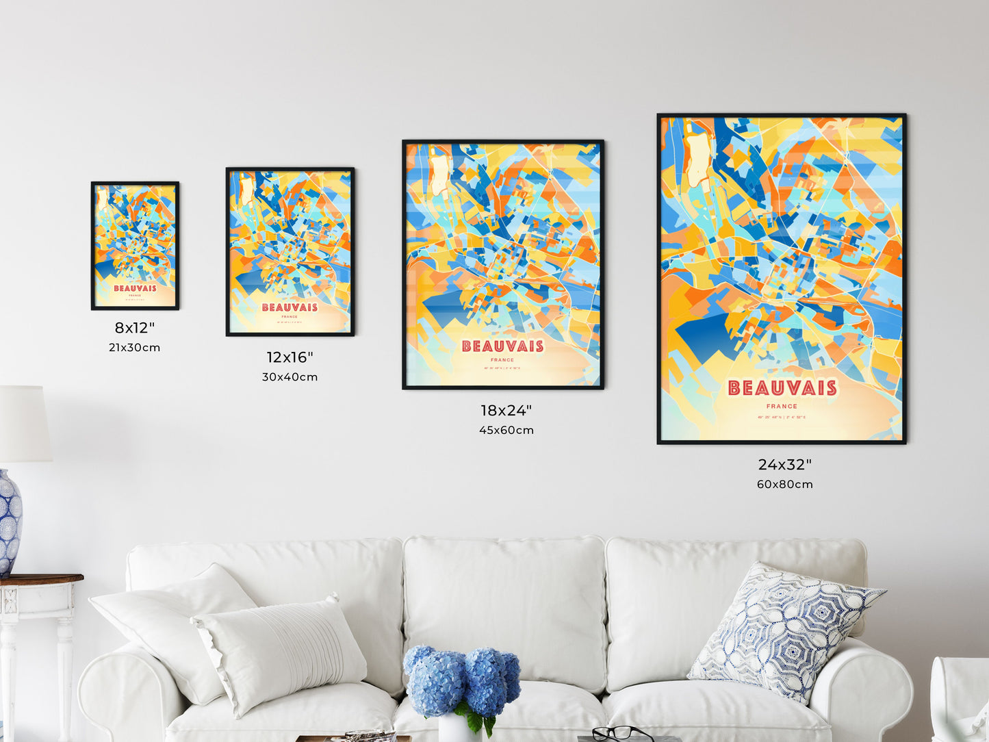 Colorful BEAUVAIS FRANCE Fine Art Map Blue Orange