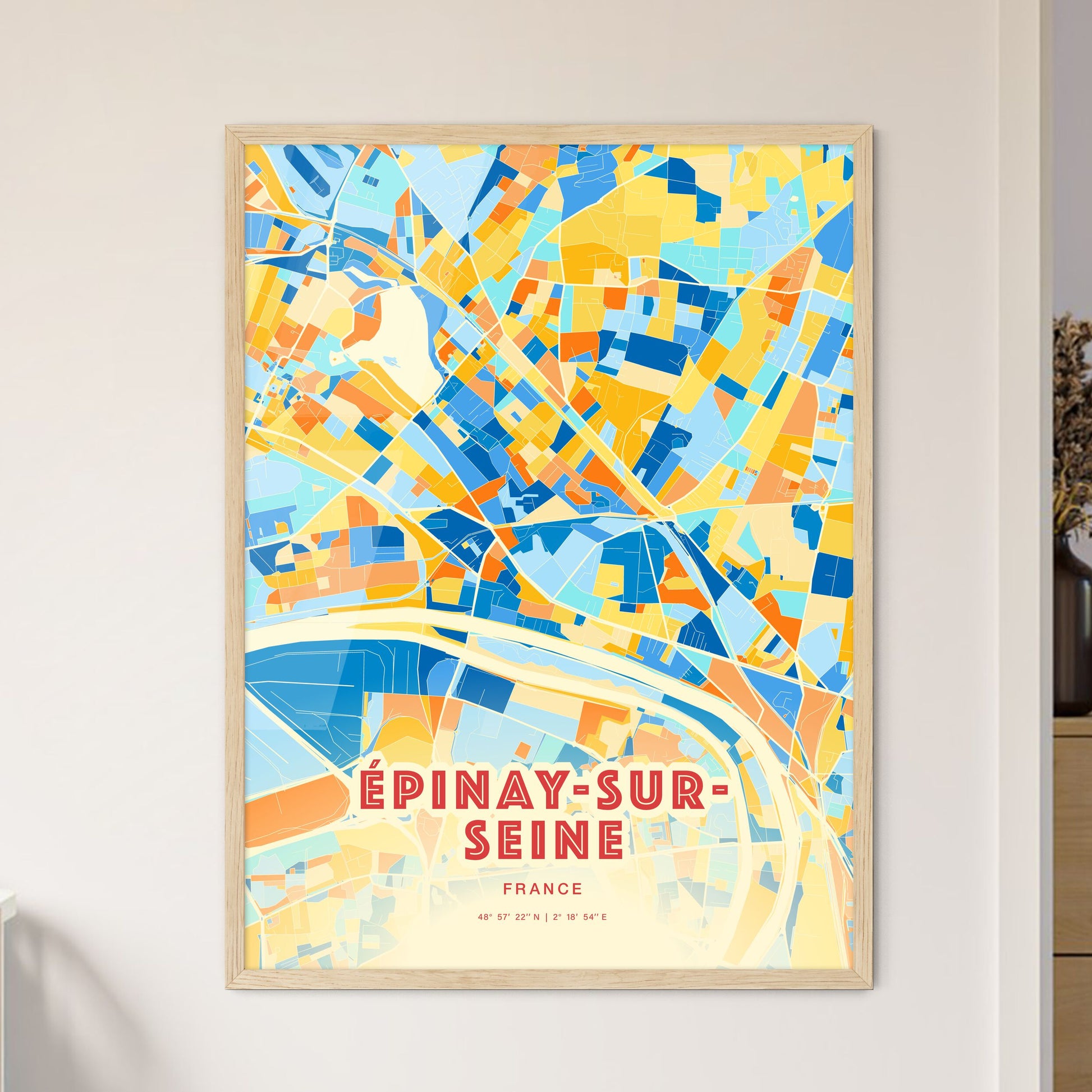 Colorful ÉPINAY-SUR-SEINE FRANCE Fine Art Map Blue Orange