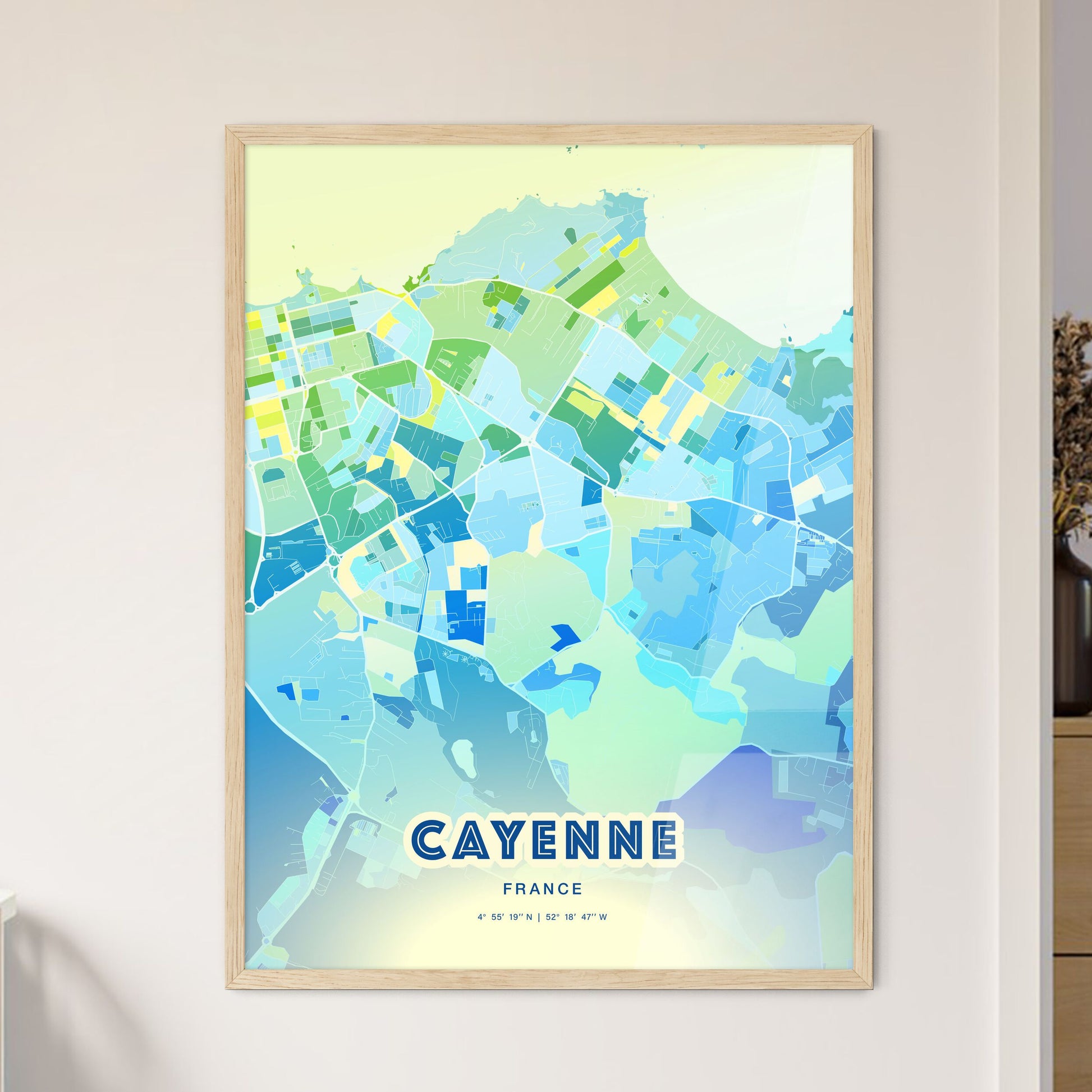 Colorful CAYENNE FRANCE Fine Art Map Cool Blue