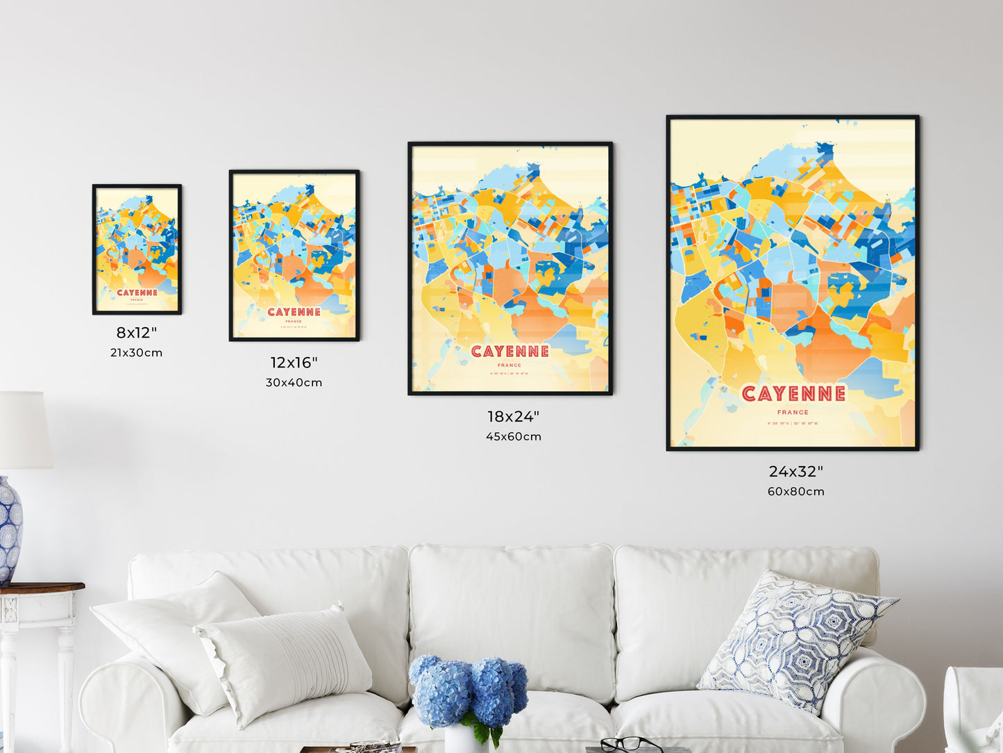 Colorful CAYENNE FRANCE Fine Art Map Blue Orange