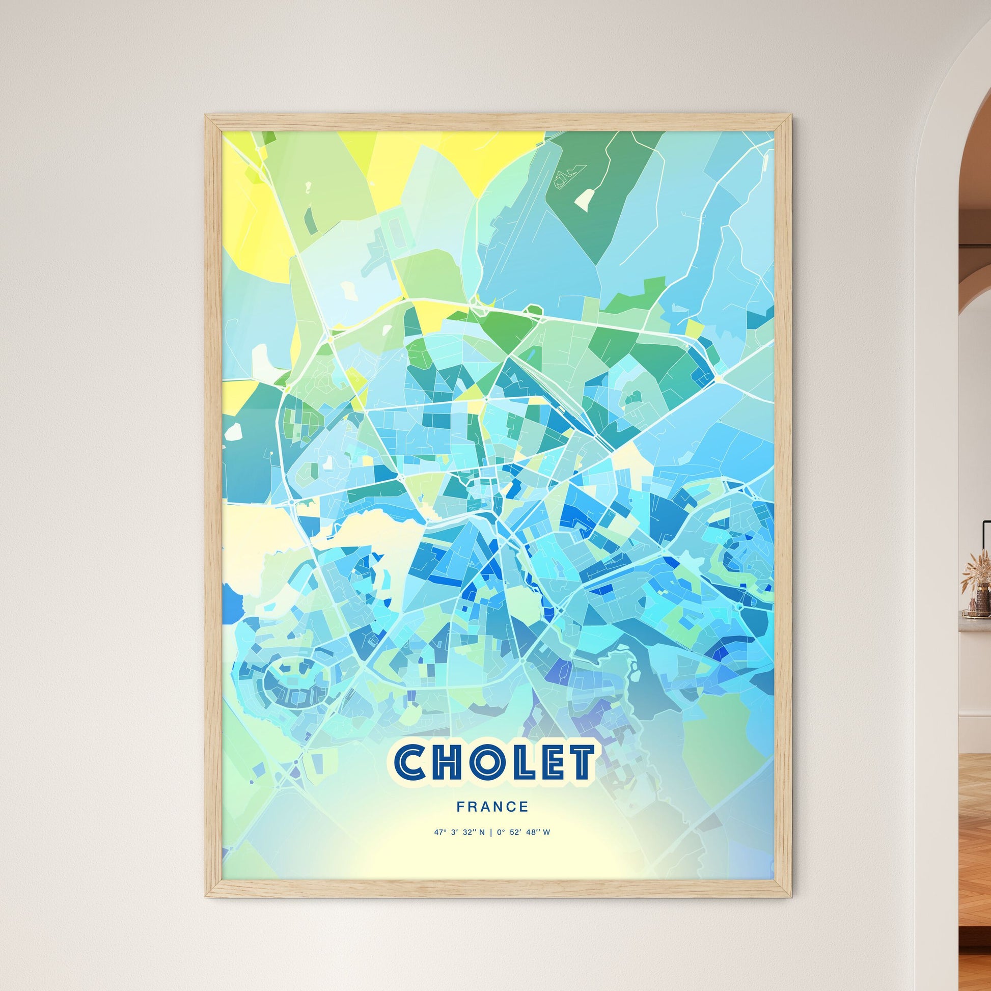 Colorful CHOLET FRANCE Fine Art Map Cool Blue