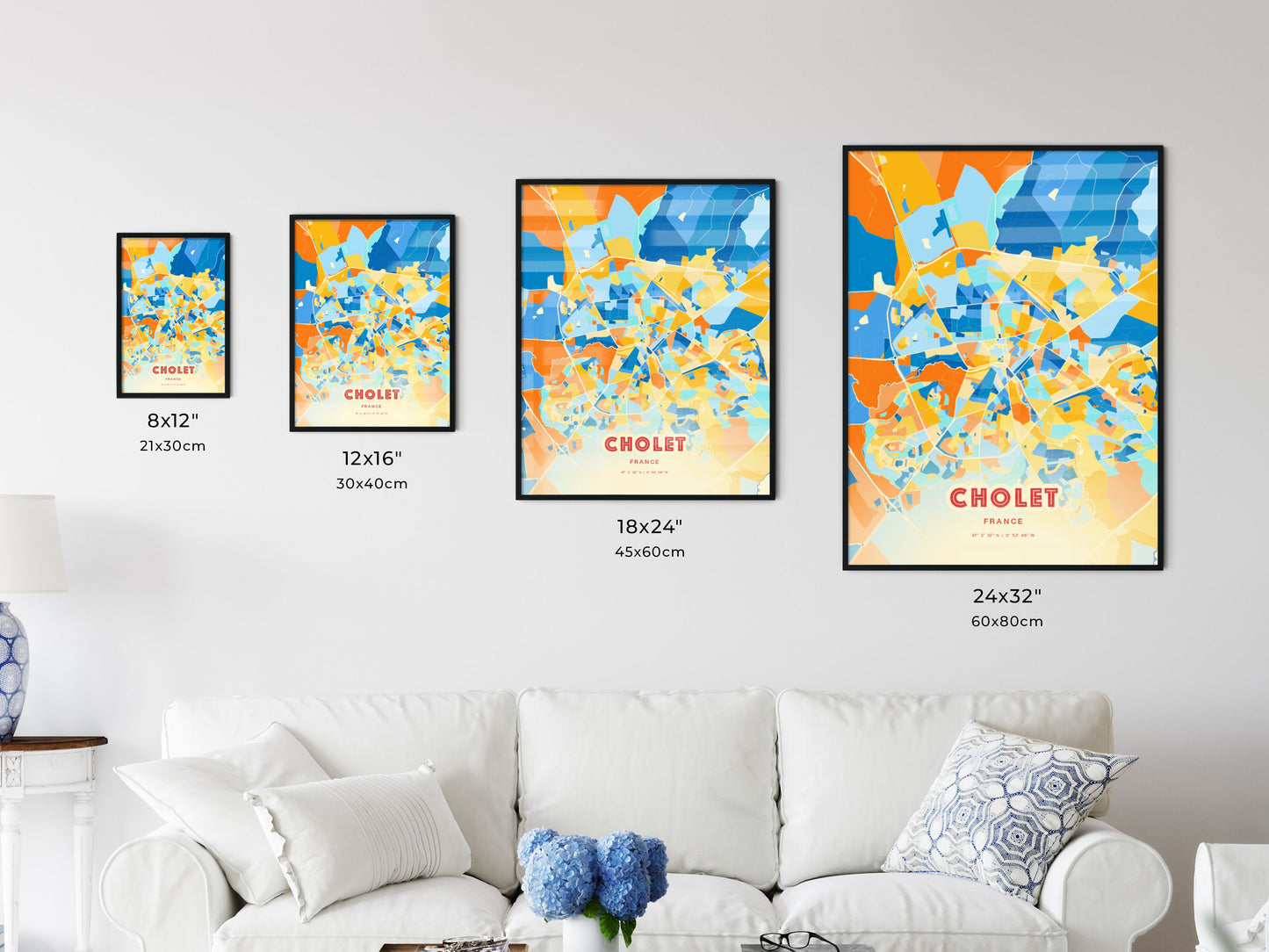 Colorful CHOLET FRANCE Fine Art Map Blue Orange