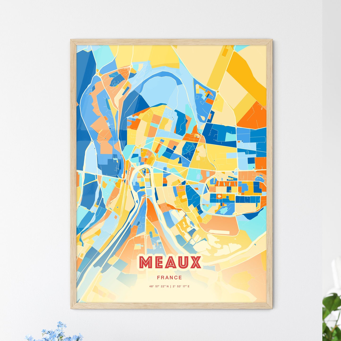 Colorful MEAUX FRANCE Fine Art Map Blue Orange