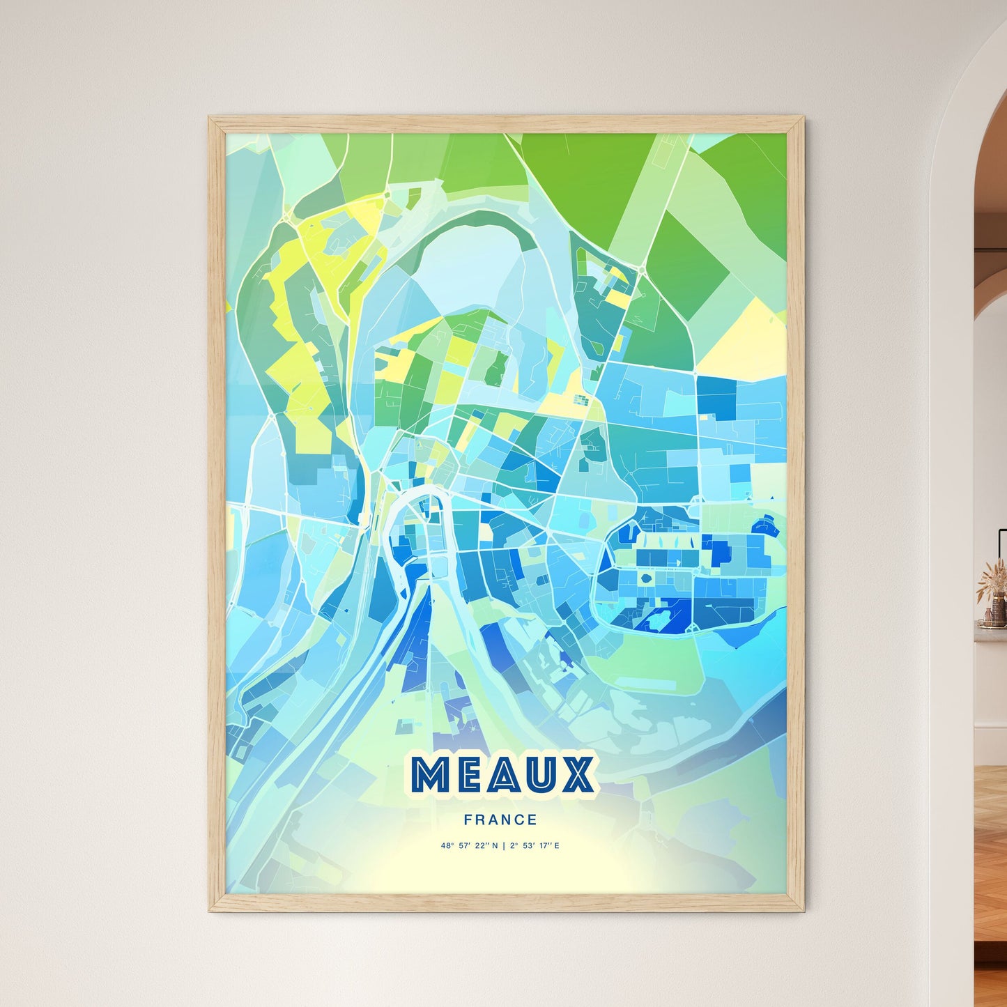 Colorful MEAUX FRANCE Fine Art Map Cool Blue