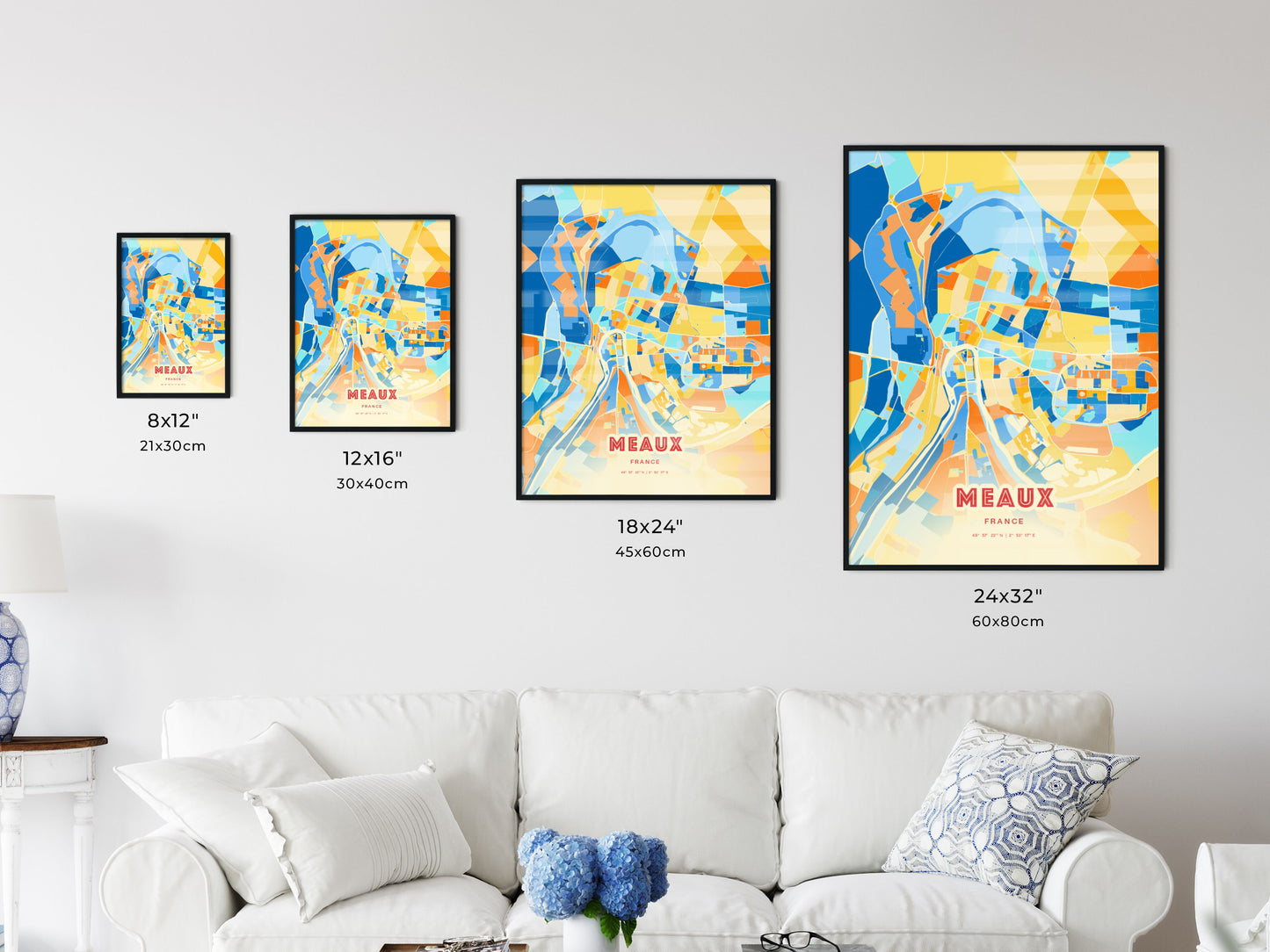 Colorful MEAUX FRANCE Fine Art Map Blue Orange