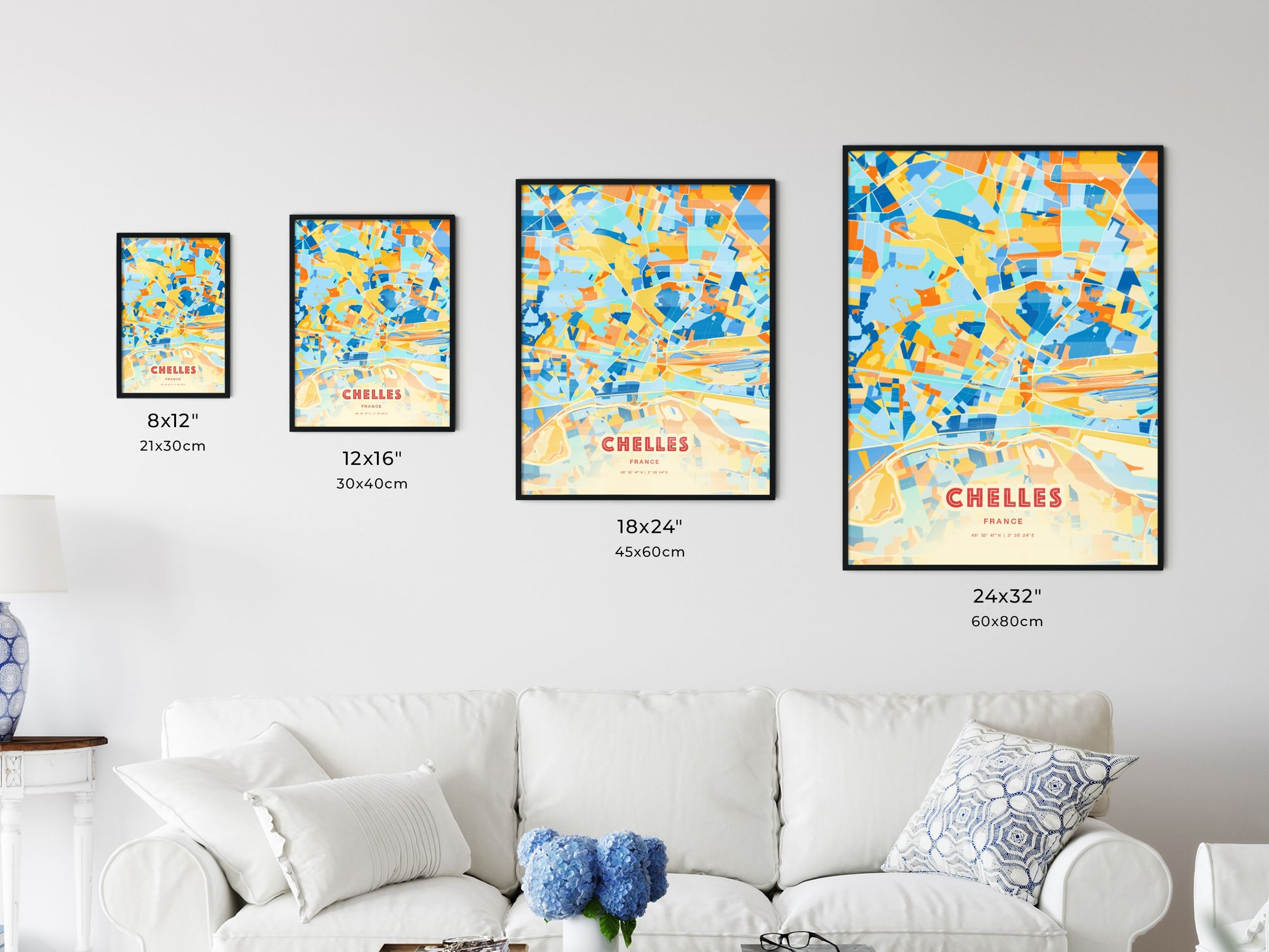 Colorful CHELLES FRANCE Fine Art Map Blue Orange