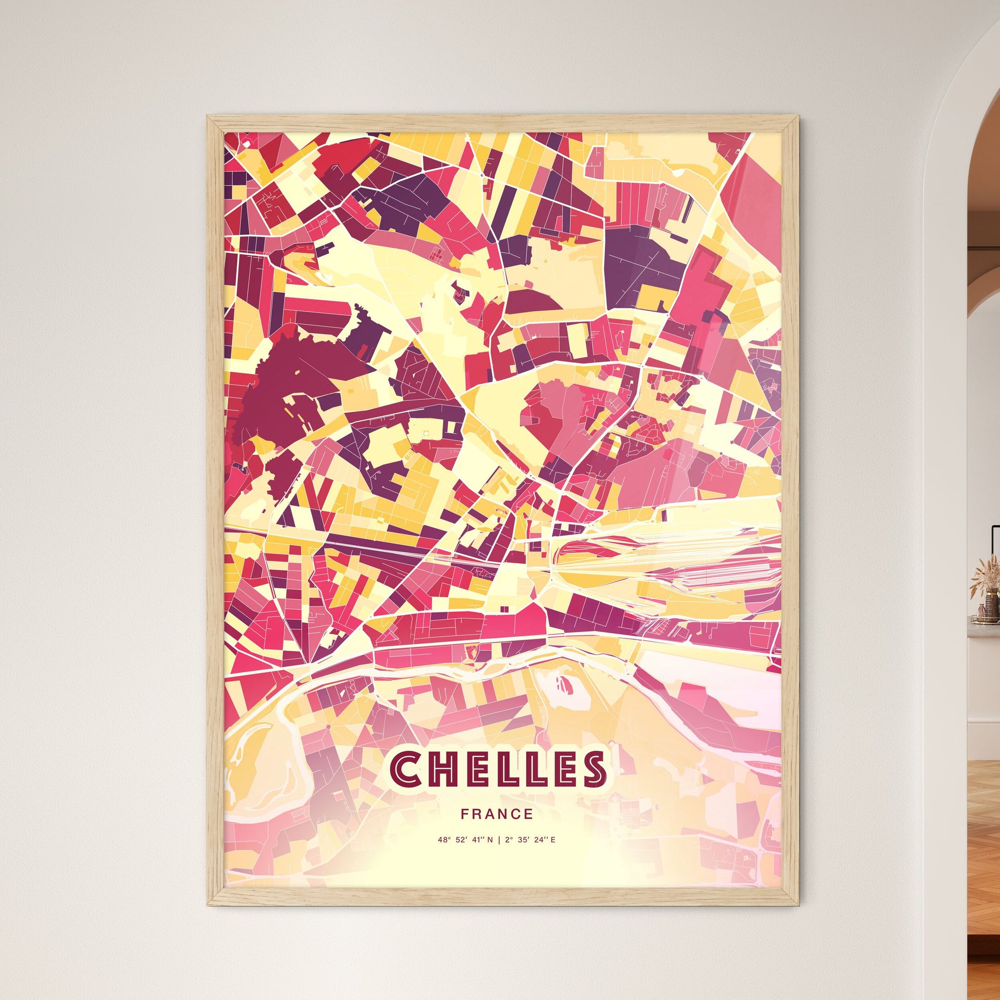 Colorful CHELLES FRANCE Fine Art Map Hot Red