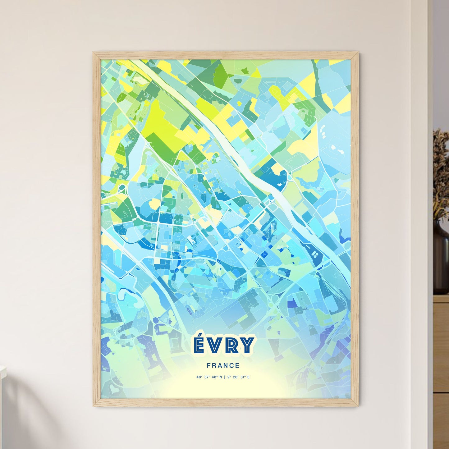 Colorful ÉVRY FRANCE Fine Art Map Cool Blue