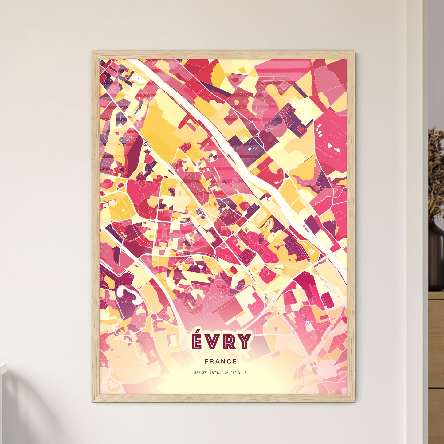 Colorful ÉVRY FRANCE Fine Art Map Hot Red