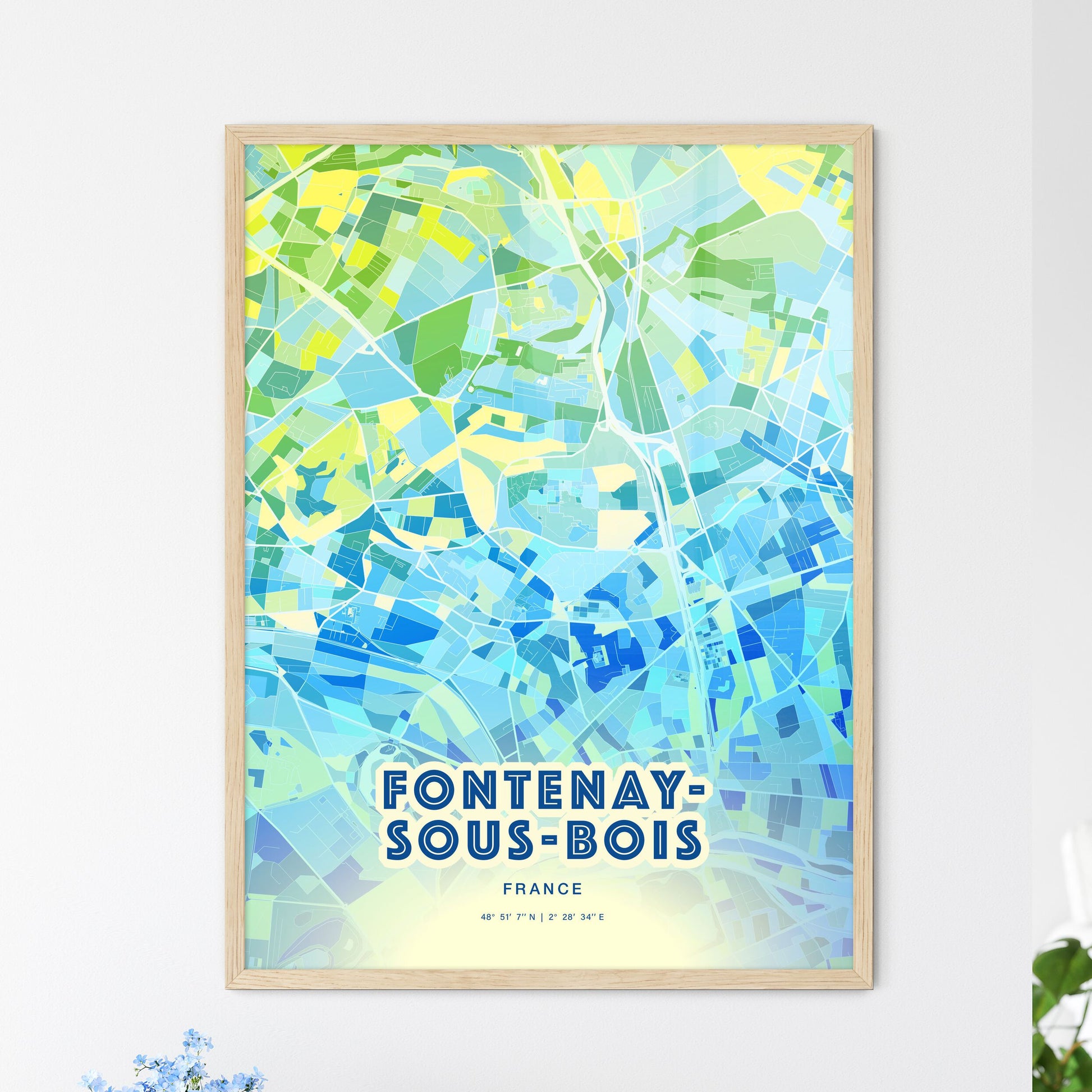 Colorful FONTENAY-SOUS-BOIS FRANCE Fine Art Map Cool Blue