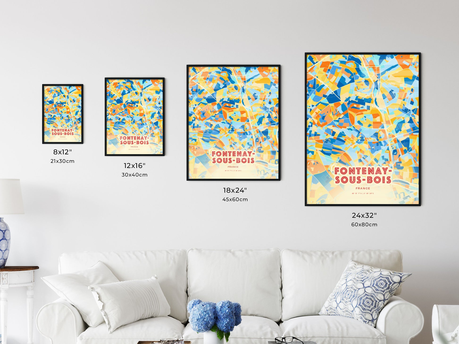 Colorful FONTENAY-SOUS-BOIS FRANCE Fine Art Map Blue Orange