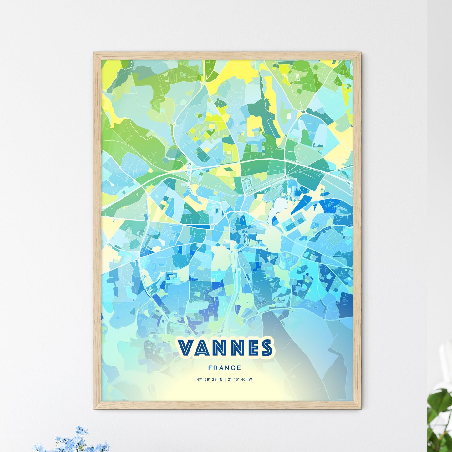 Colorful VANNES FRANCE Fine Art Map Cool Blue