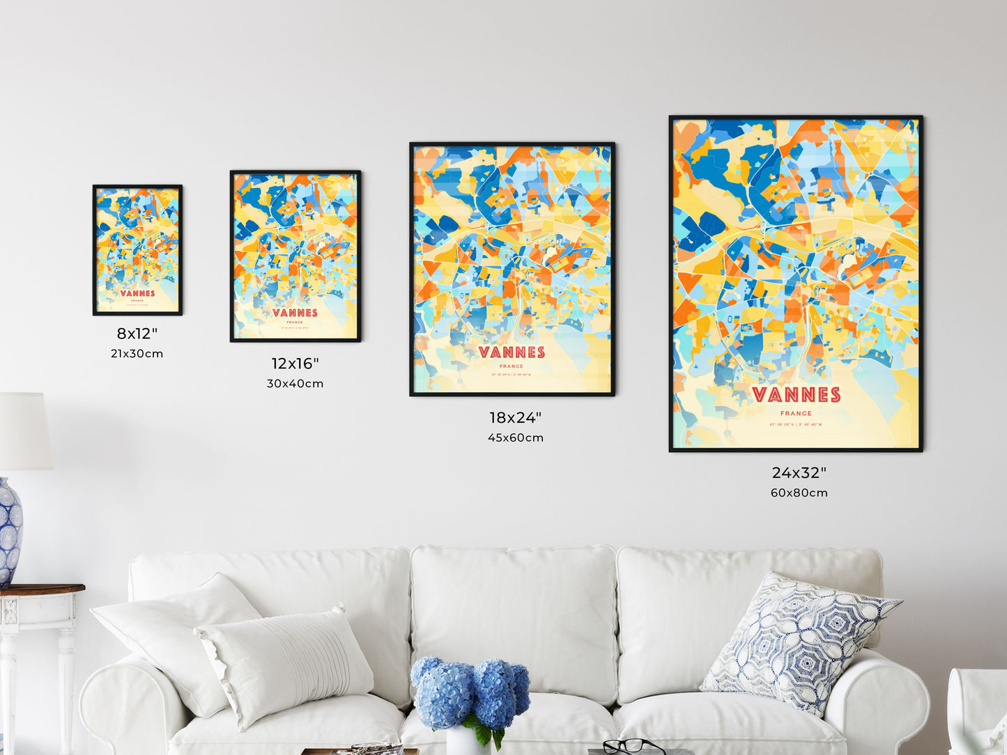 Colorful VANNES FRANCE Fine Art Map Blue Orange