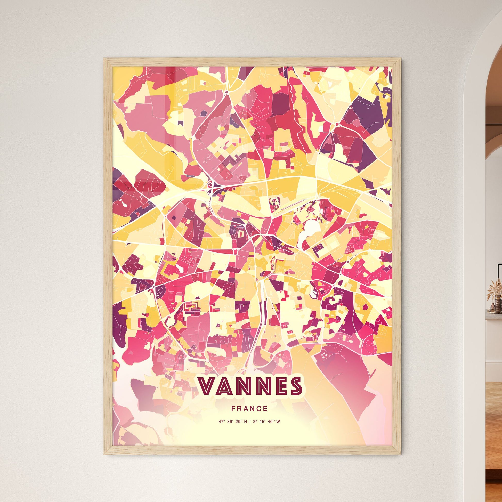 Colorful VANNES FRANCE Fine Art Map Hot Red