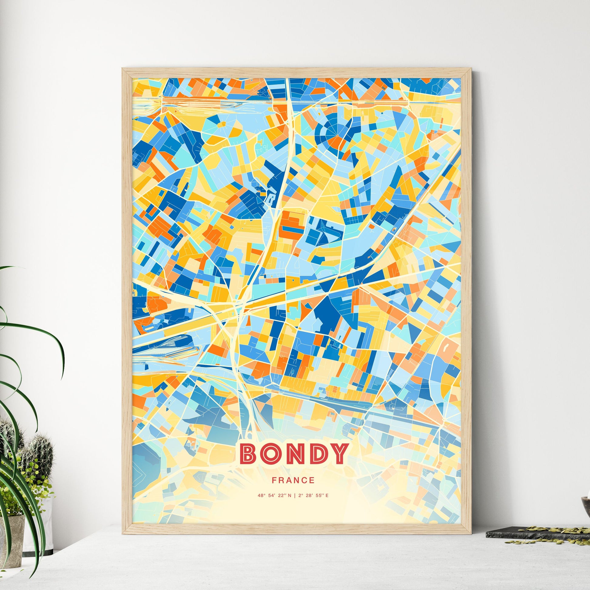 Colorful BONDY FRANCE Fine Art Map Blue Orange