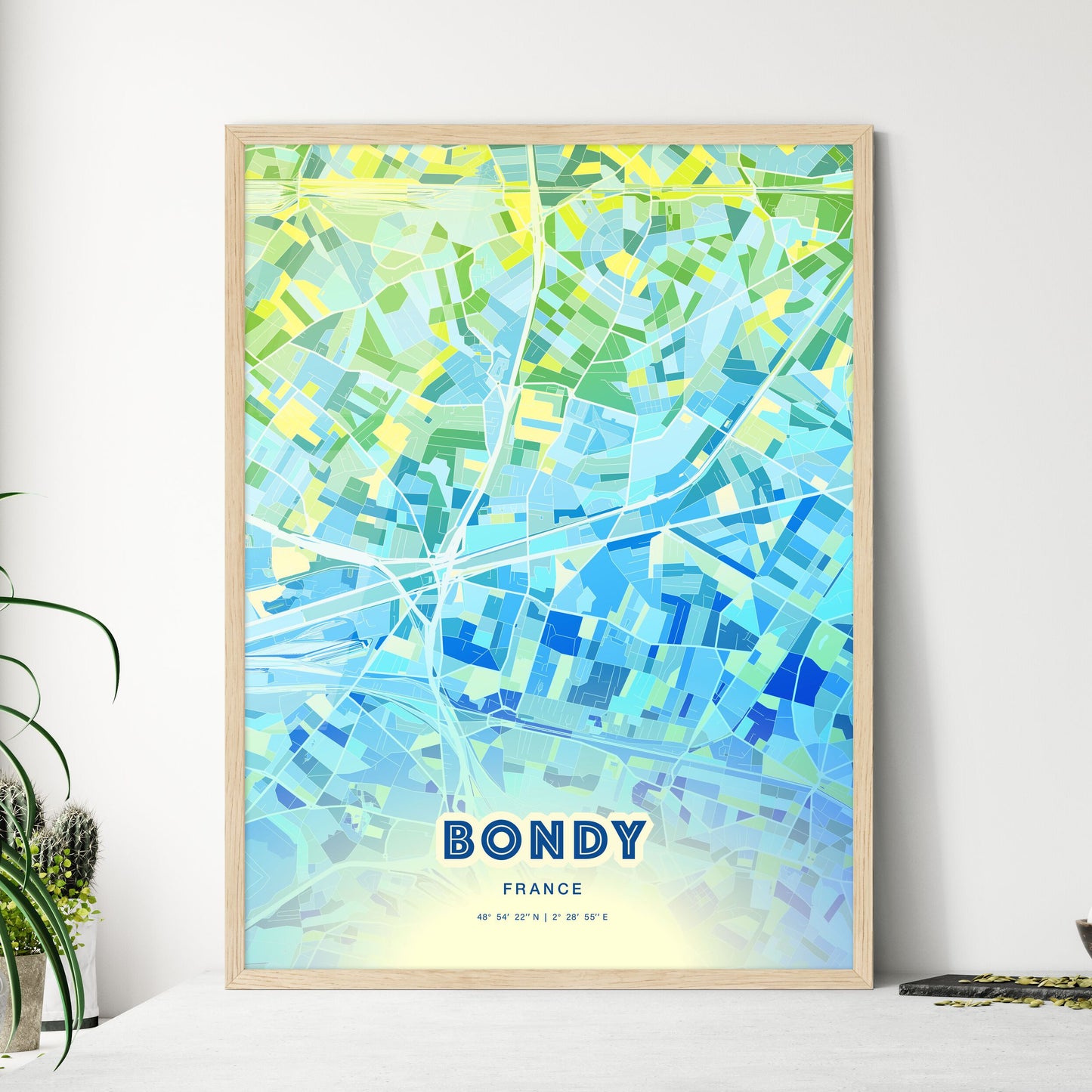 Colorful BONDY FRANCE Fine Art Map Cool Blue