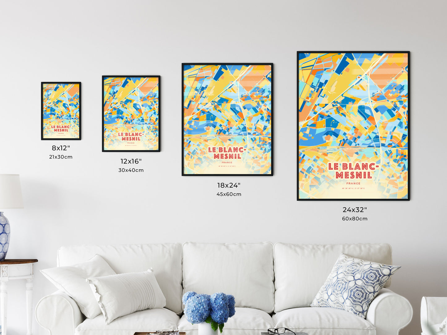 Colorful LE BLANC-MESNIL FRANCE Fine Art Map Blue Orange