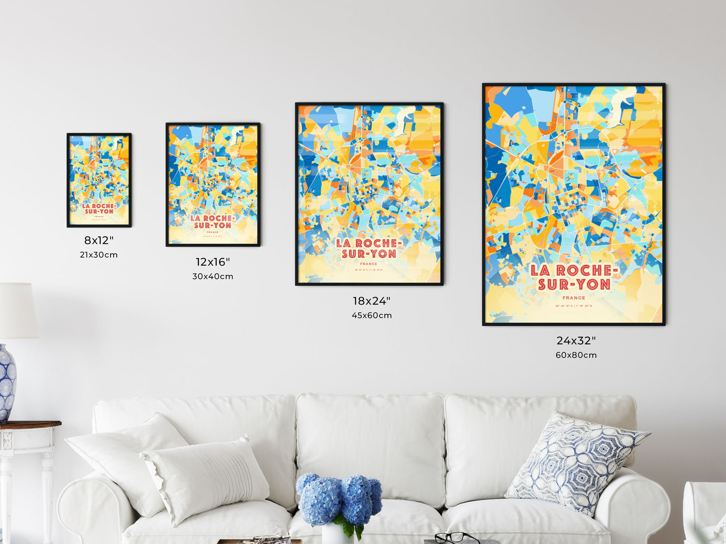 Colorful LA ROCHE-SUR-YON FRANCE Fine Art Map Blue Orange