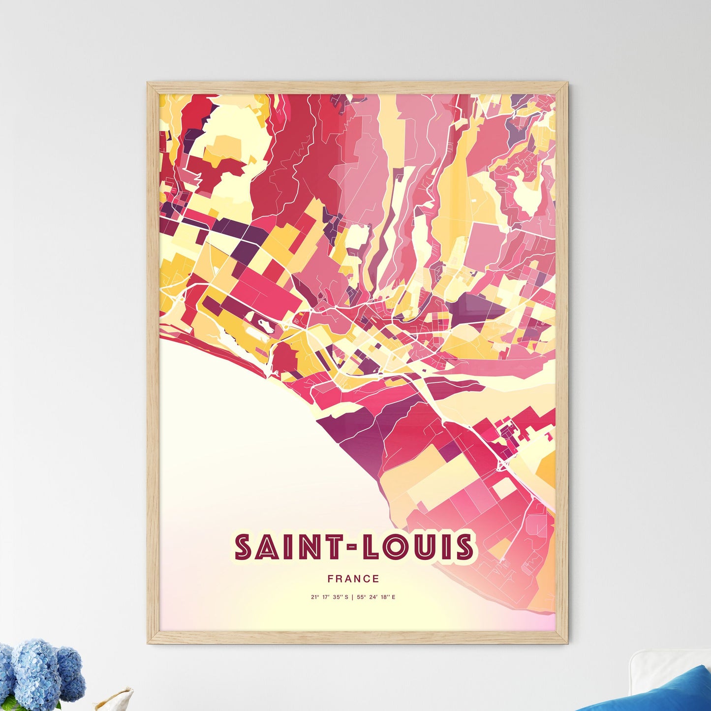 Colorful SAINT-LOUIS FRANCE Fine Art Map Hot Red