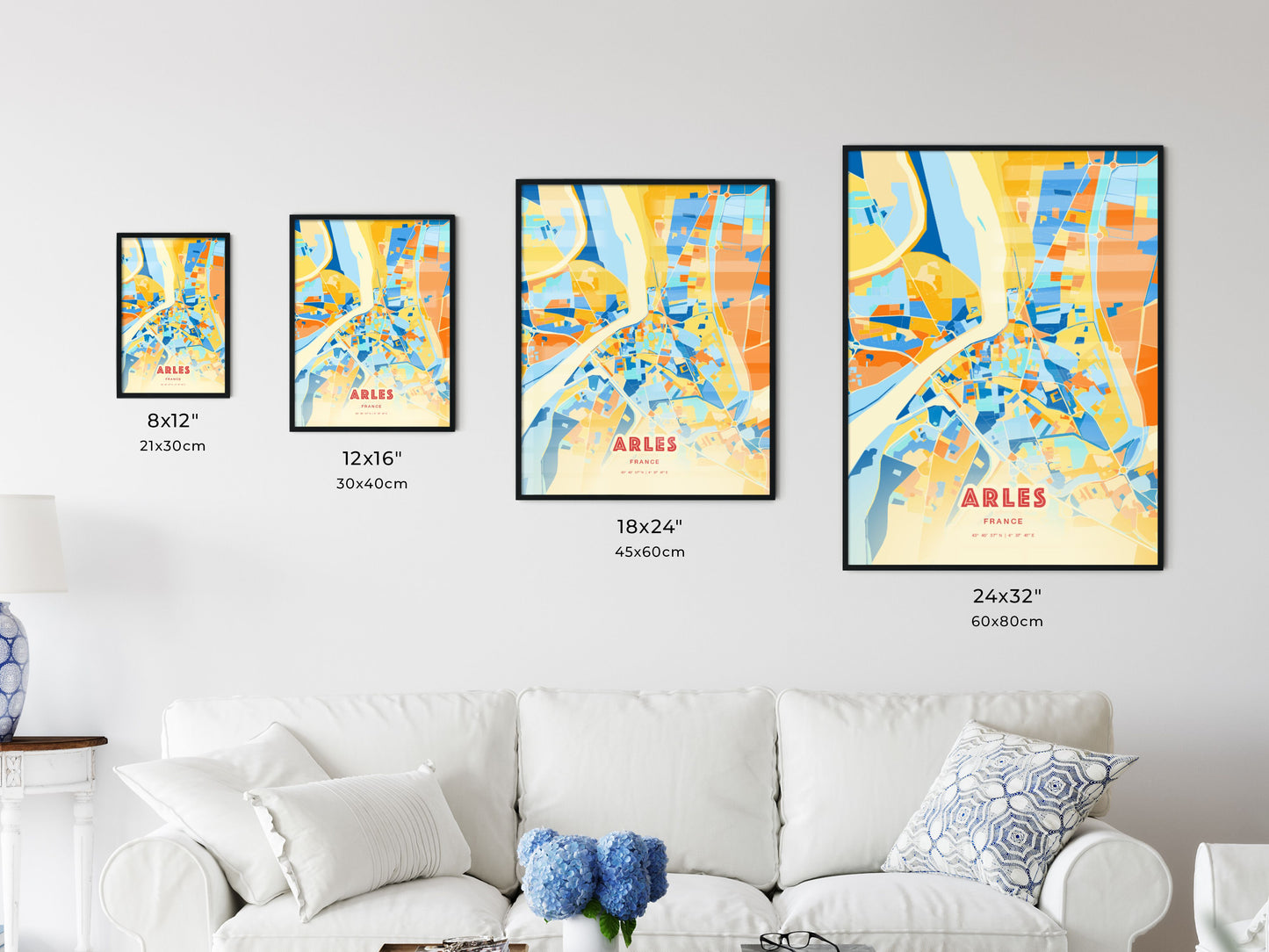 Colorful ARLES FRANCE Fine Art Map Blue Orange