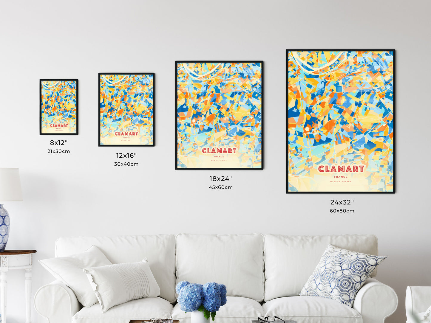 Colorful CLAMART FRANCE Fine Art Map Blue Orange