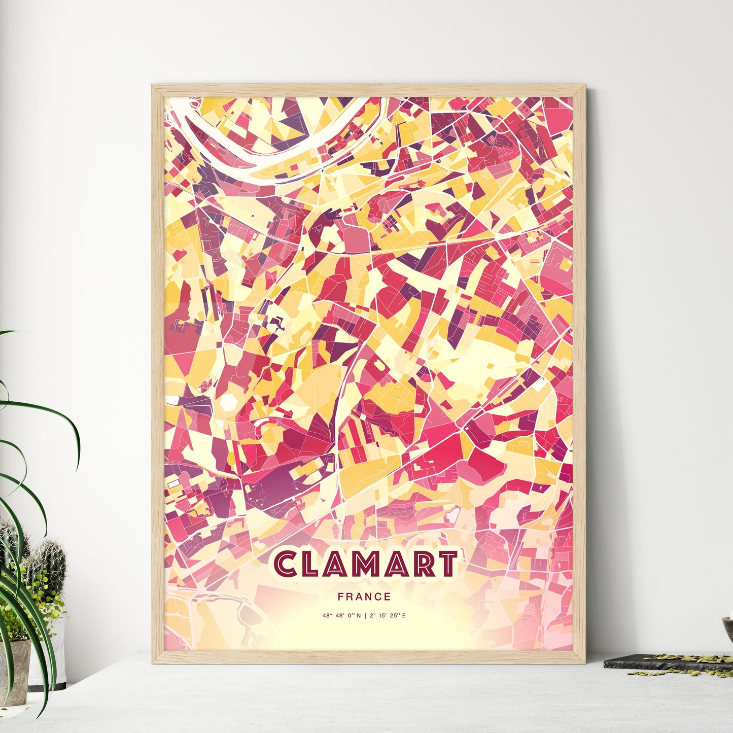 Colorful CLAMART FRANCE Fine Art Map Hot Red